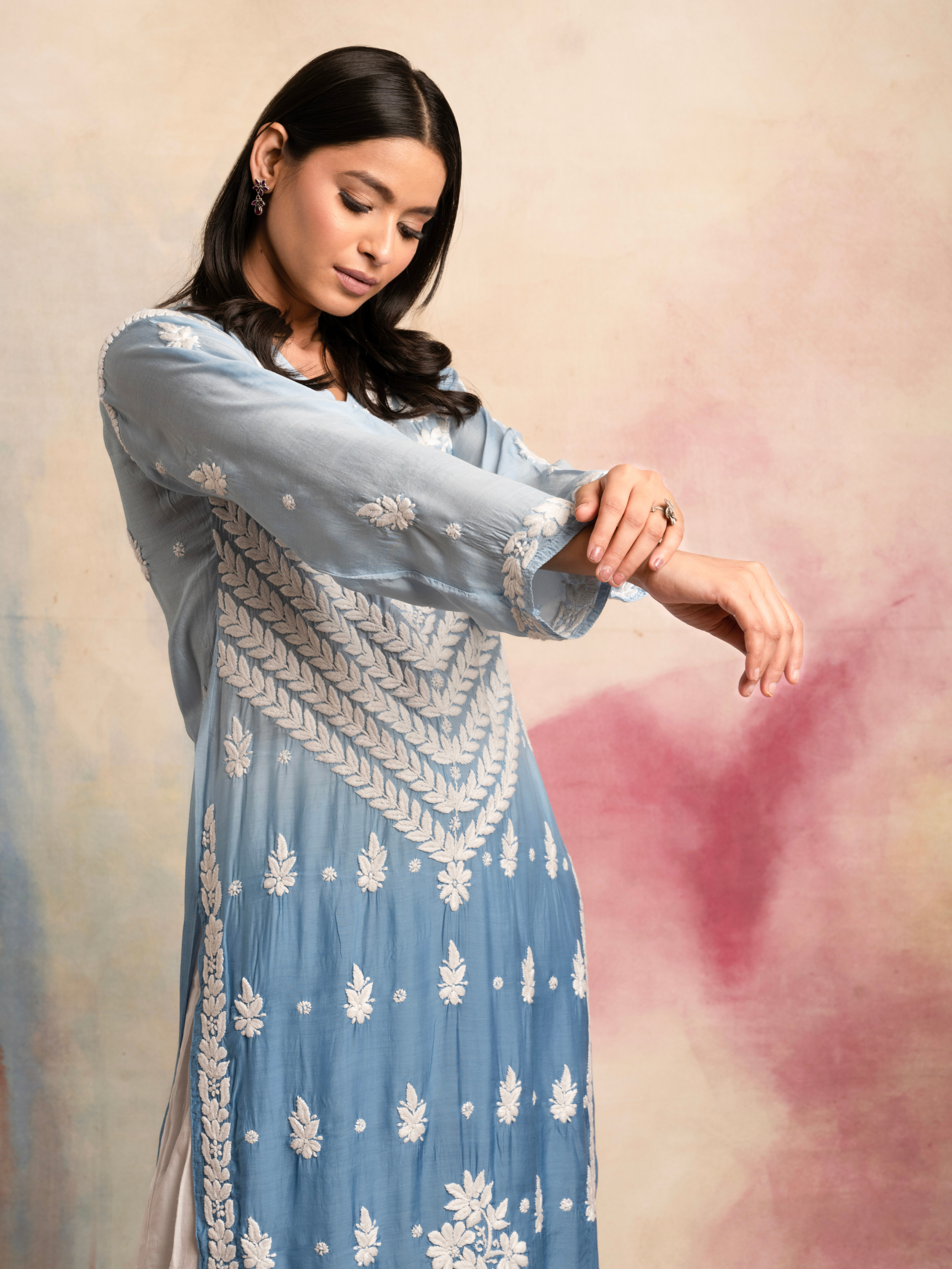 Naina Muslin Chikankari Kurti - Blue Ombré