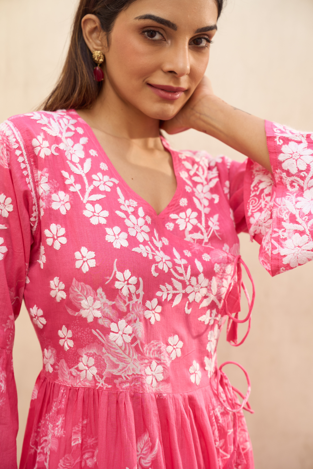 Pakeezah Printed Mulmul Cotton Chikankari Angrakha - Pink