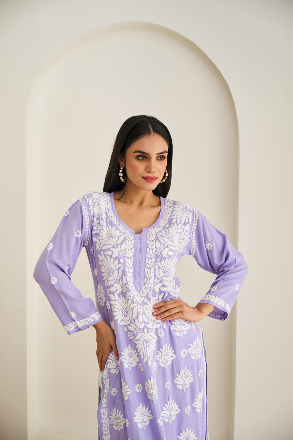 Areeba Modal Cotton Chikankari Kurti - Lavender