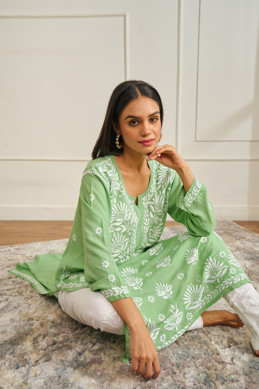 Areeba Modal Cotton Chikankari Kurti - Green