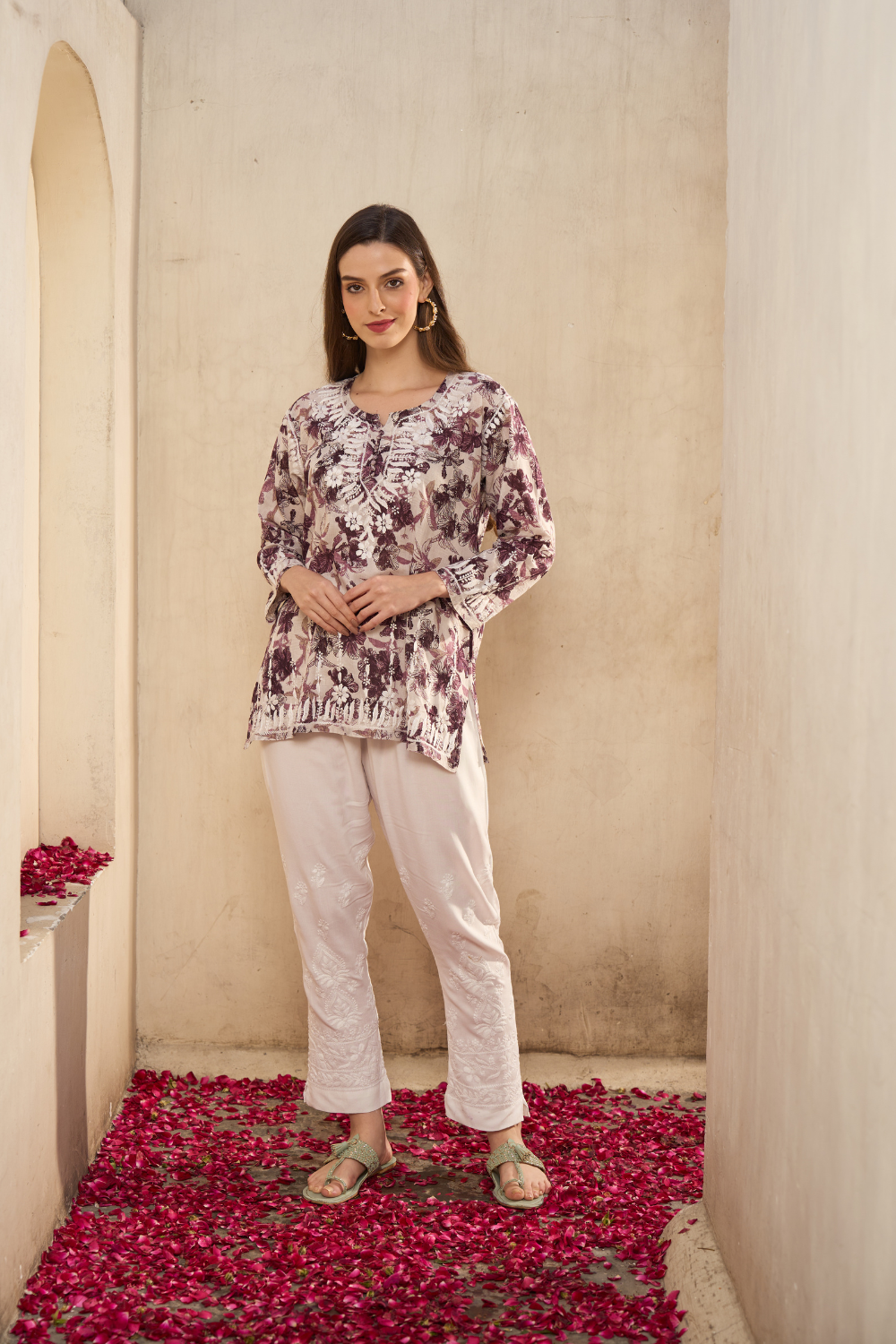 Ambar Mul Cotton Printed Short Chikankari Kurti - Purple