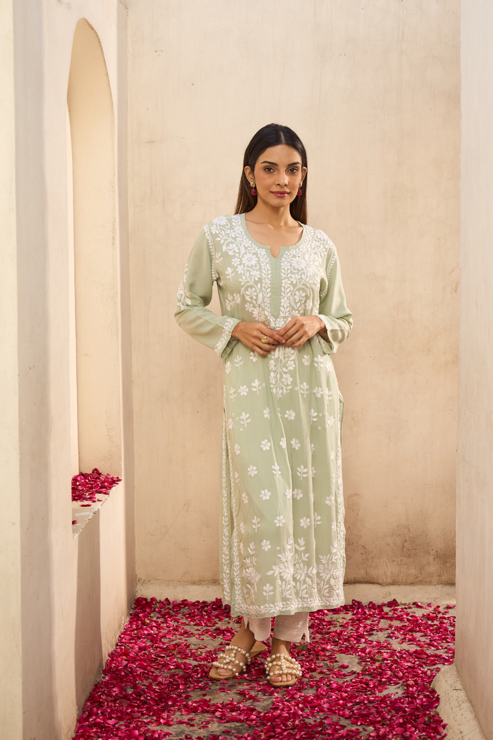 Urfi Modal Cotton Chikankari Kurti - Pastel Green