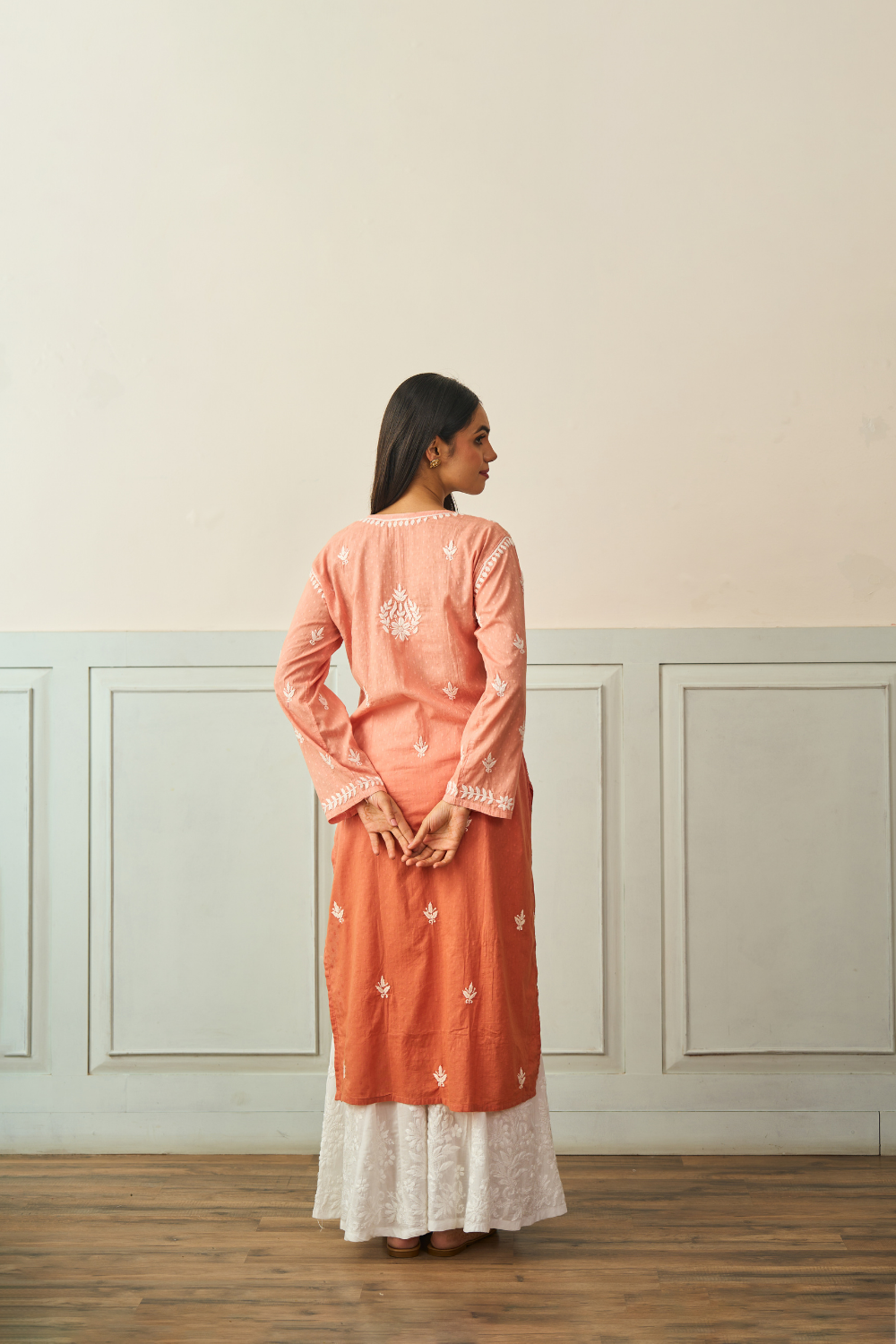 Tanaz Mul Cotton Chikankari Kurti - Light Brown Ombré