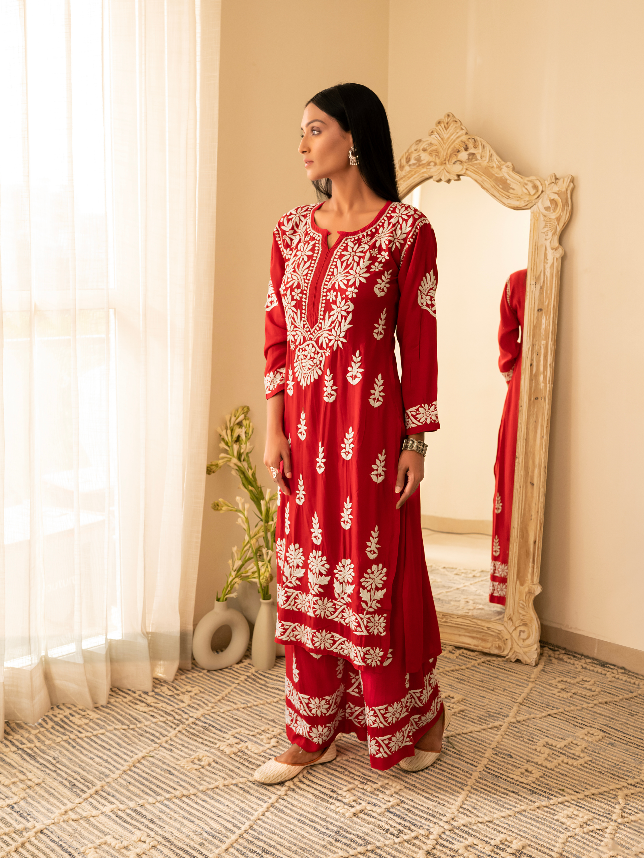 Afreen Modal Chikankari Set - Red