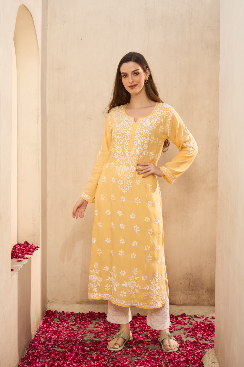 Urfi Modal Cotton Chikankari Kurti - Yellow