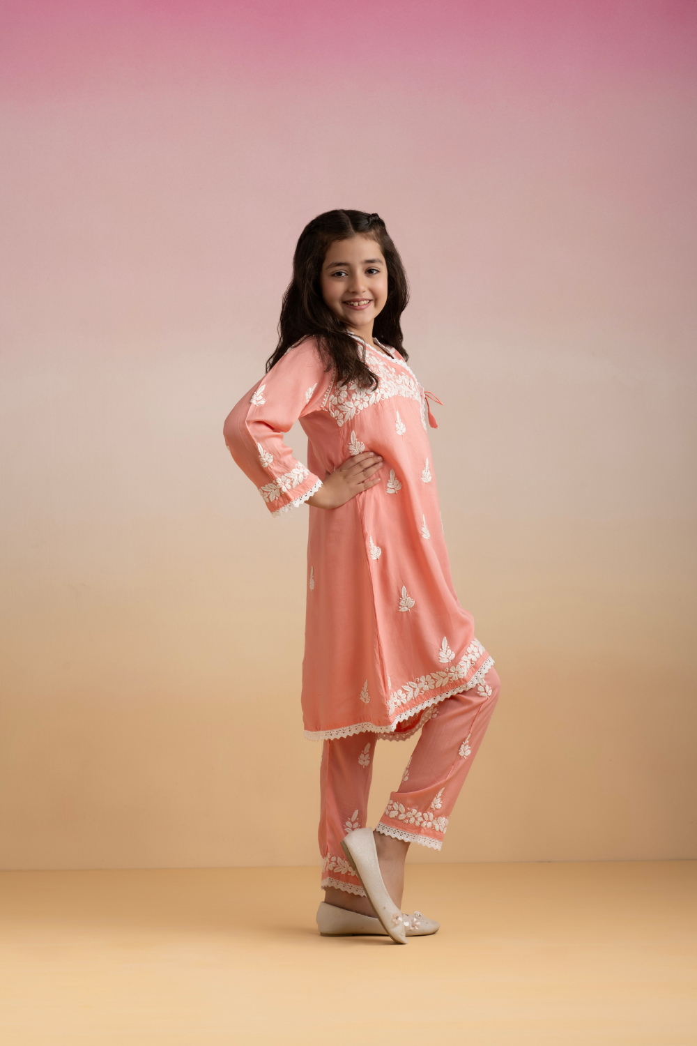 Khushi Kids Modal Angrakha Chikankari Set - Peach