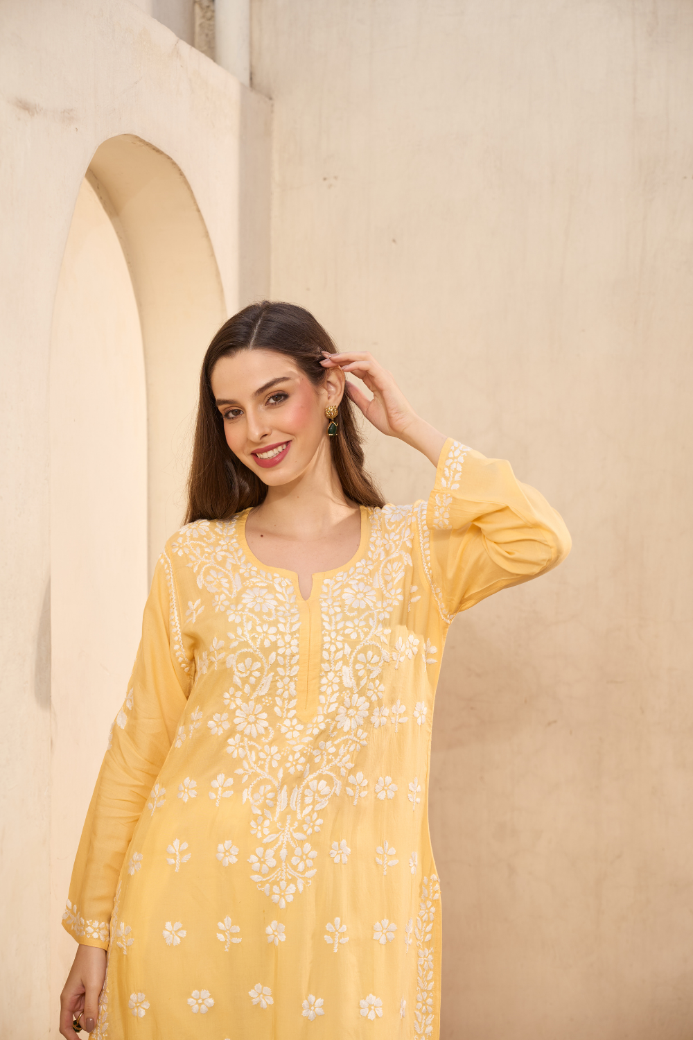 Urfi Modal Cotton Chikankari Kurti - Yellow