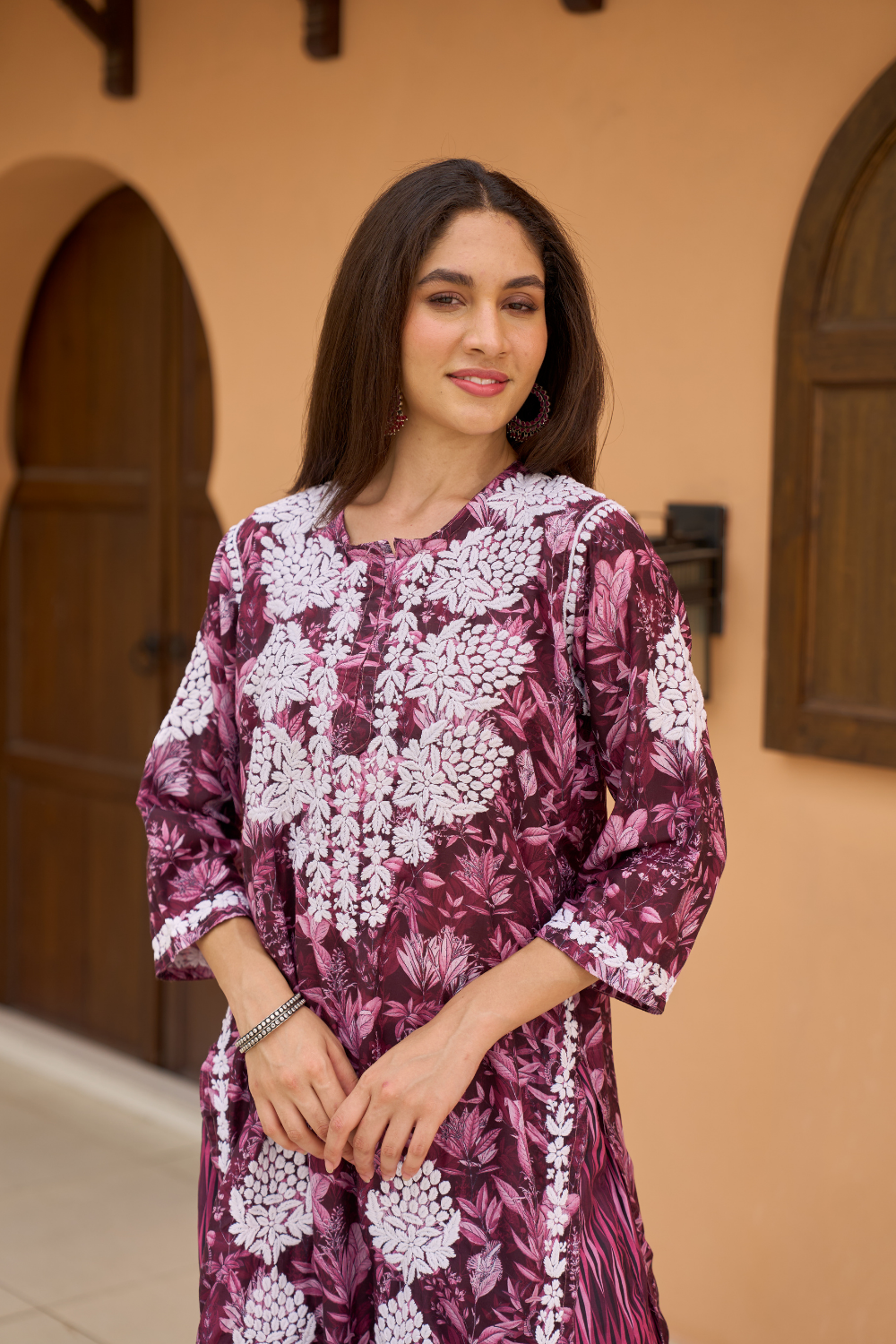 Tara Printed Muslin Chikankari Set - Wine