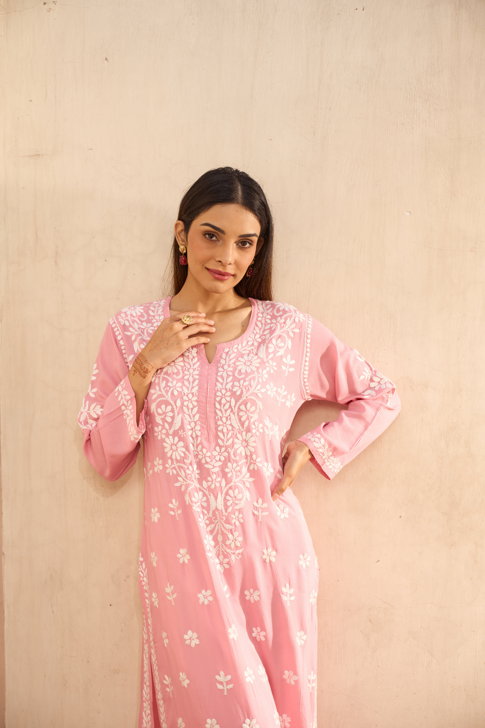 Urfi Modal Cotton Chikankari Kurti - Peach