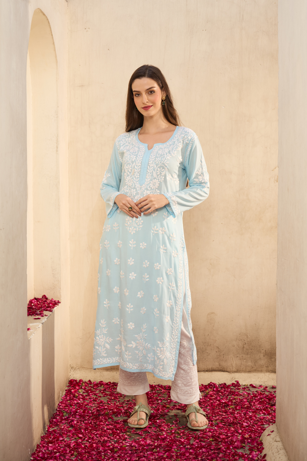 Urfi Modal Cotton Chikankari Kurti - Sky Blue