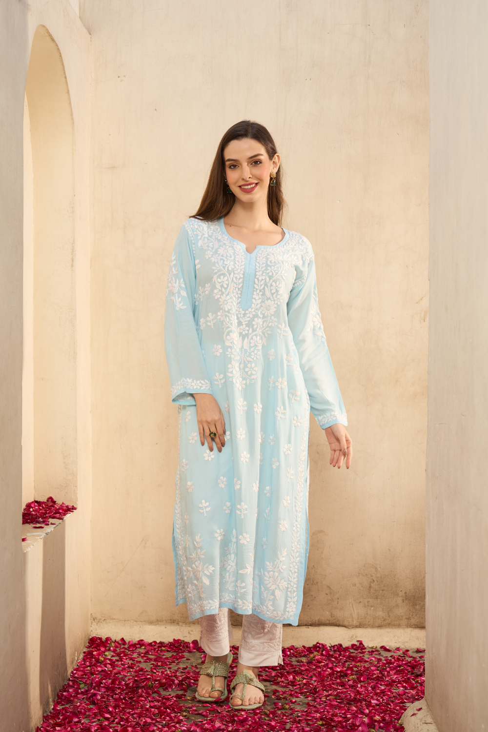 Urfi Modal Cotton Chikankari Kurti - Sky Blue