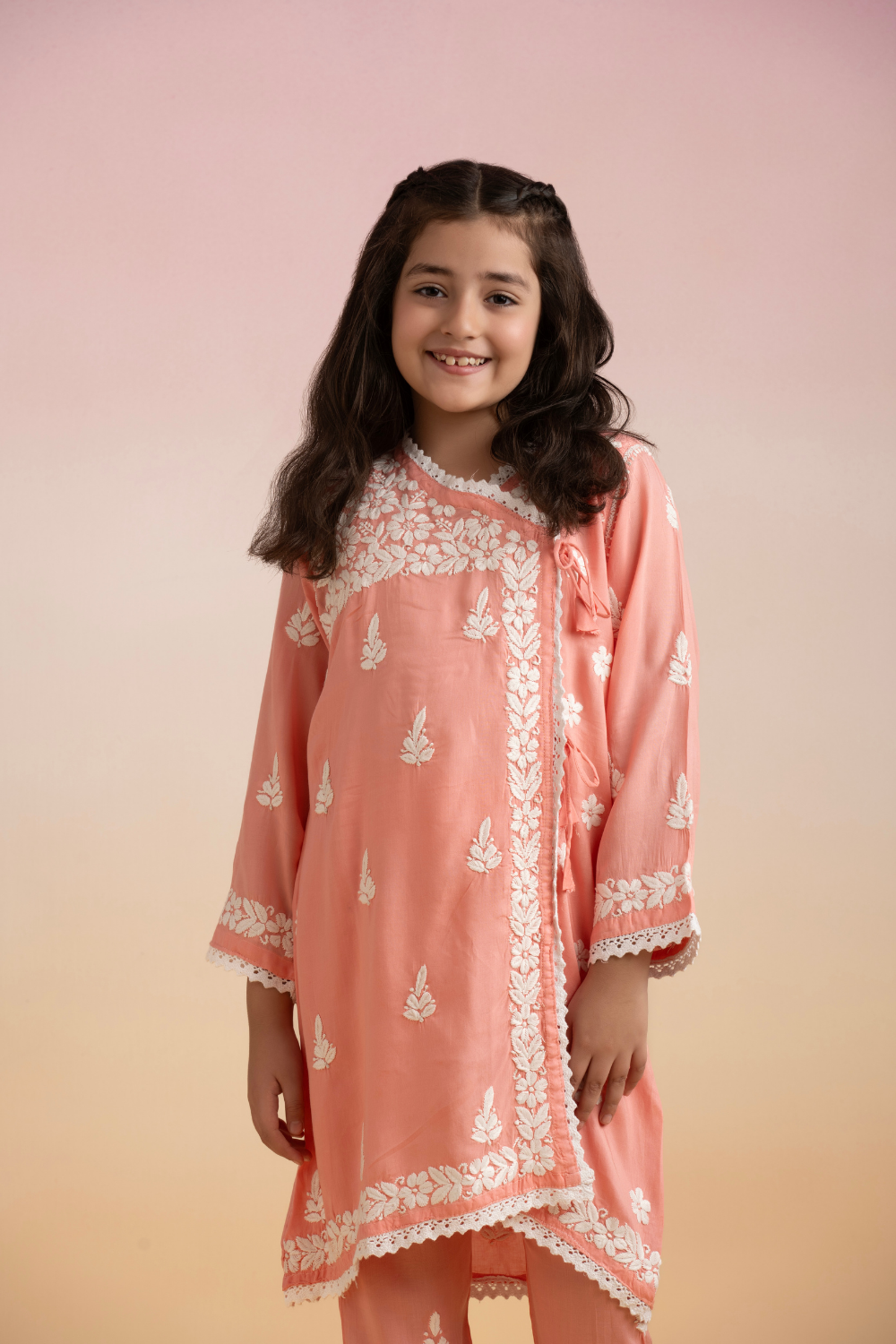 Khushi Kids Modal Angrakha Chikankari Set - Peach