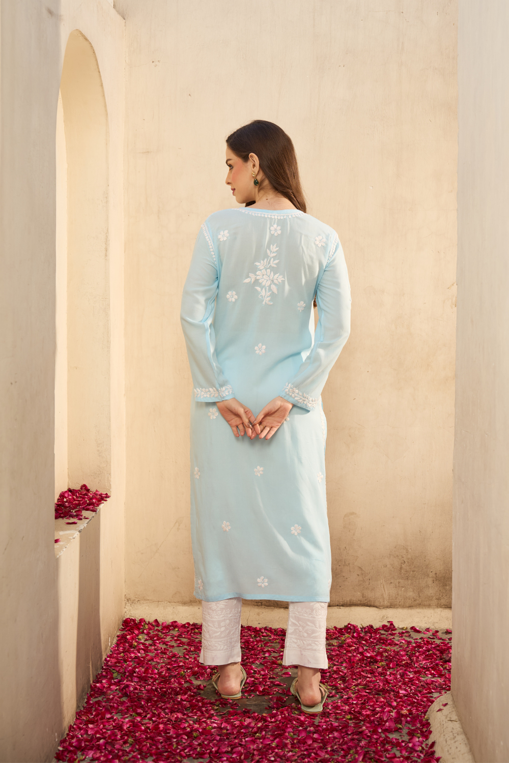 Urfi Modal Cotton Chikankari Kurti - Sky Blue