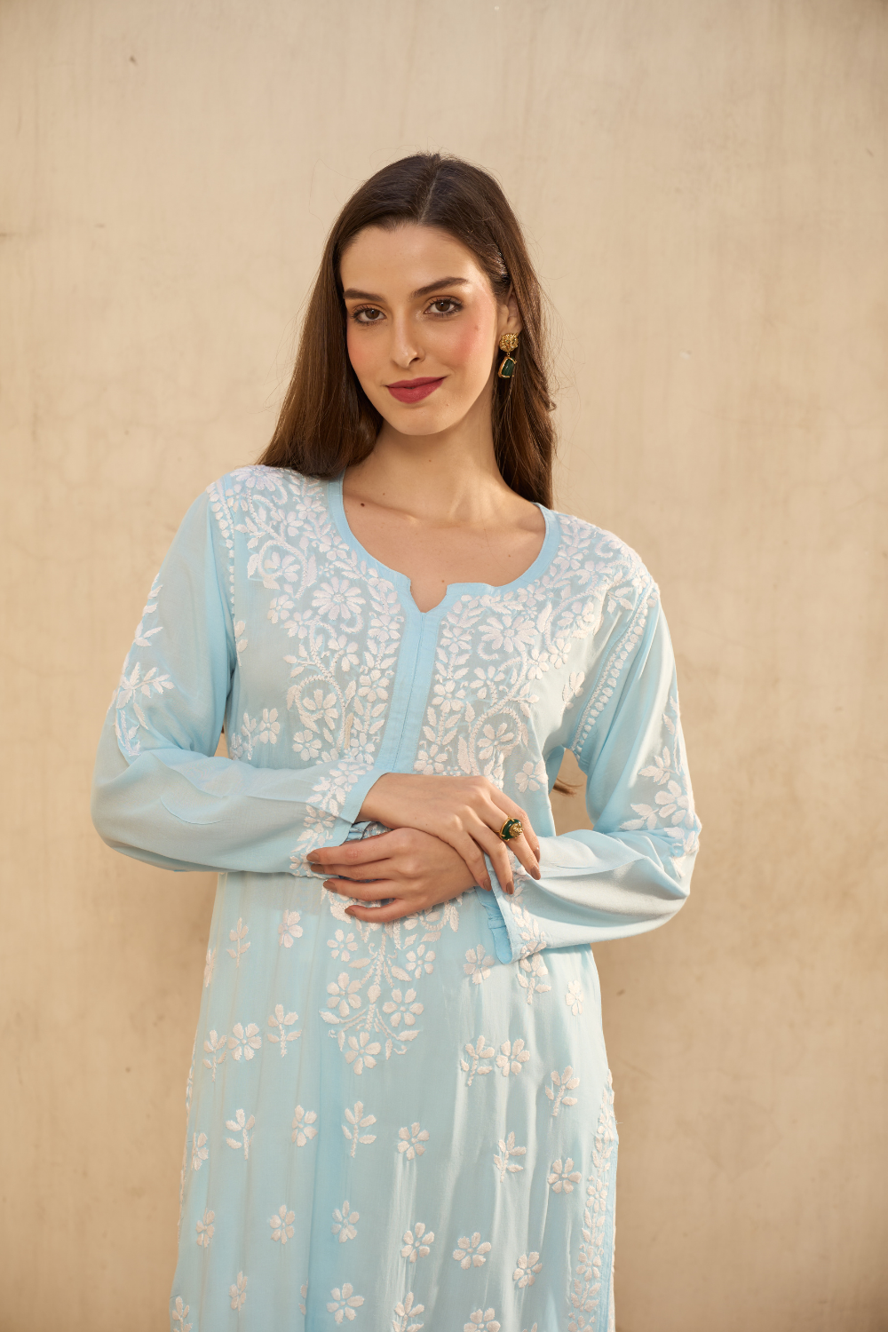 Urfi Modal Cotton Chikankari Kurti - Sky Blue