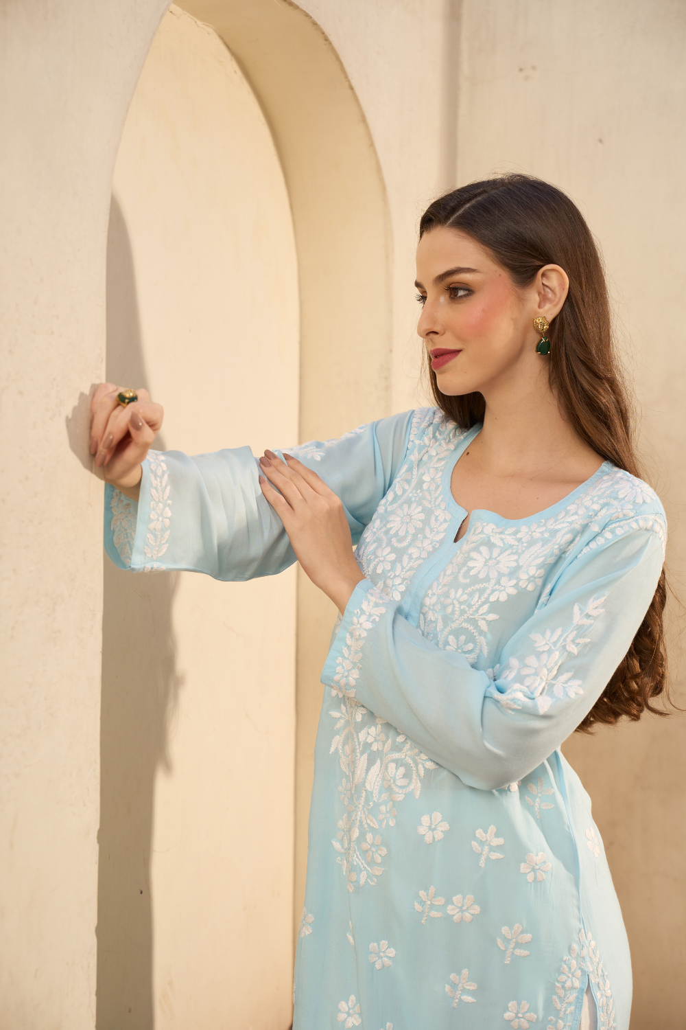 Urfi Modal Cotton Chikankari Kurti - Sky Blue