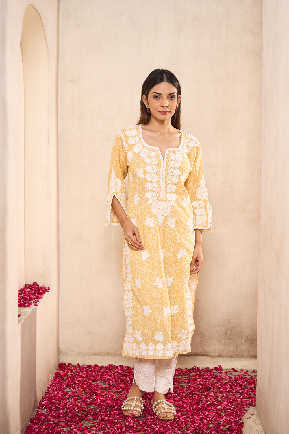 Ariz Mul Cotton Printed Chikankari Kurti - Yellow