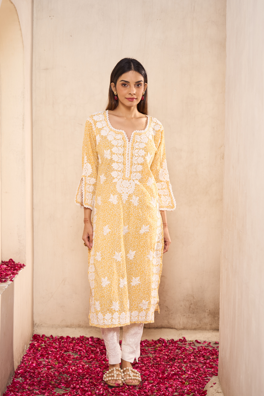 Ariz Mul Cotton Printed Chikankari Kurti - Yellow