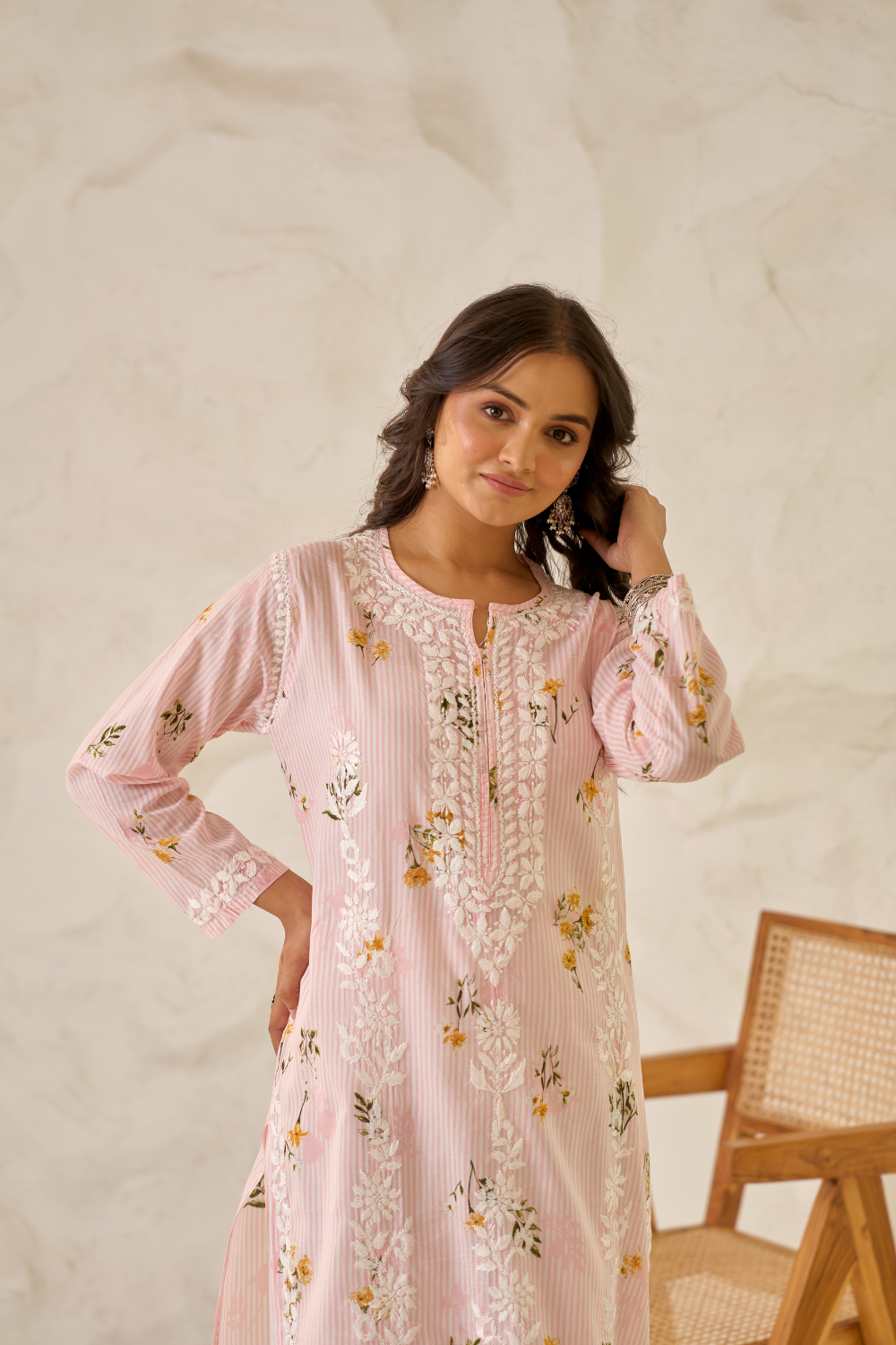 Afra Mul Cotton Printed Long Chikankari Kurti - Peach