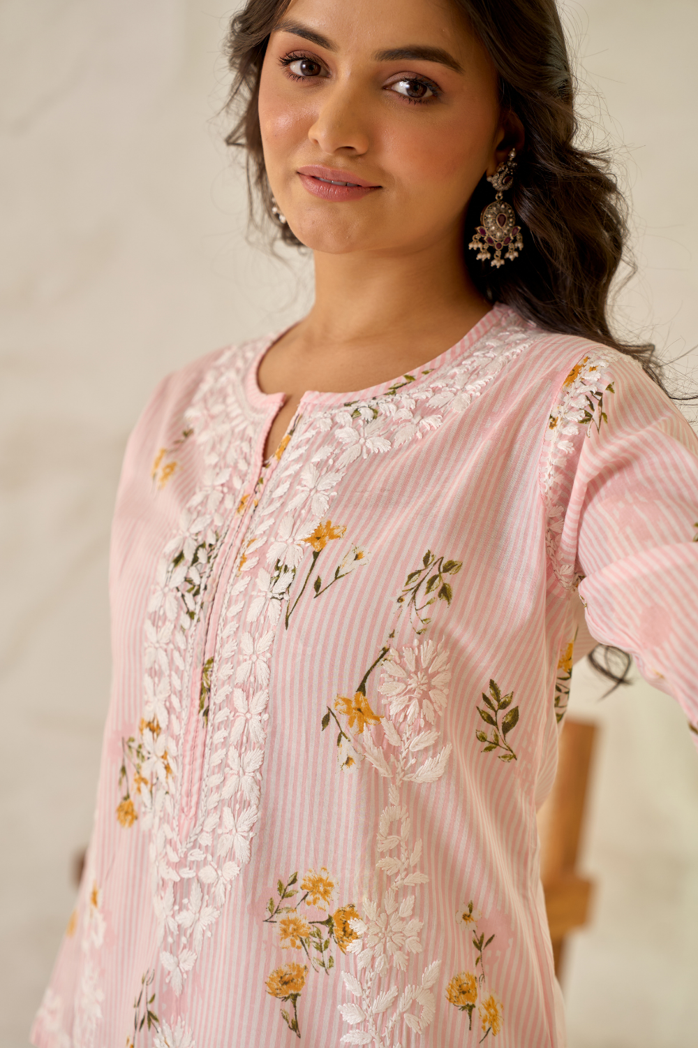 Afra Mul Cotton Printed Long Chikankari Kurti - Peach