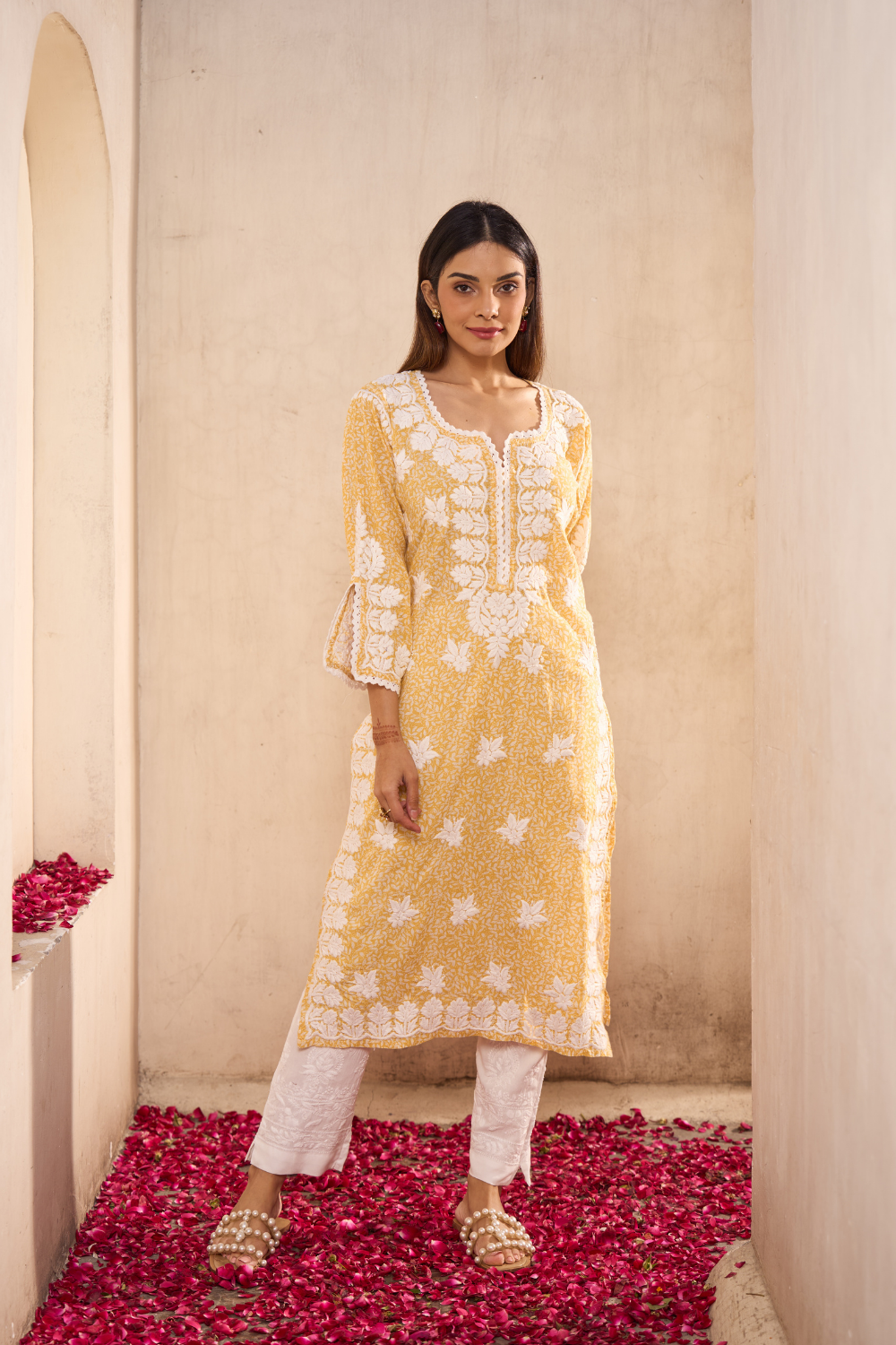 Ariz Mul Cotton Printed Chikankari Kurti - Yellow