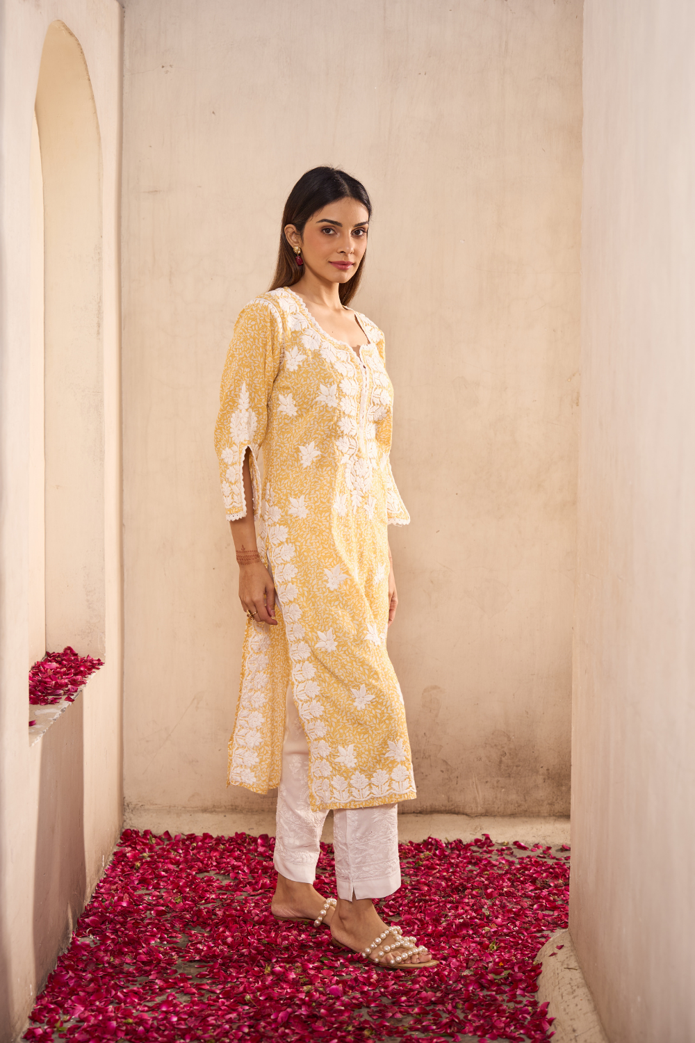 Ariz Mul Cotton Printed Chikankari Kurti - Yellow