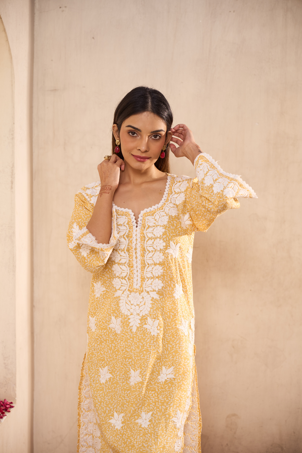 Ariz Mul Cotton Printed Chikankari Kurti - Yellow