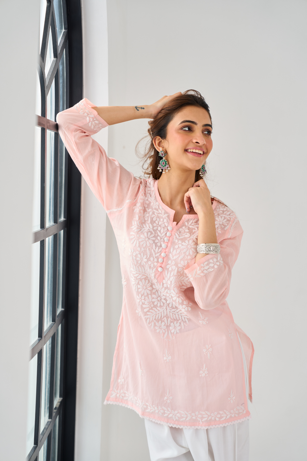 Nazia Mul Cotton Short Chikankari Top - Peach