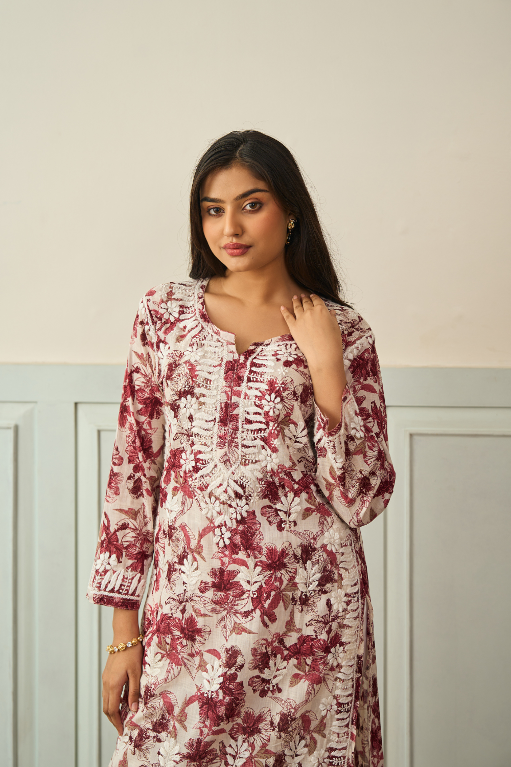 Ambar Mul Cotton Printed Long Chikankari Kurti - Maroon