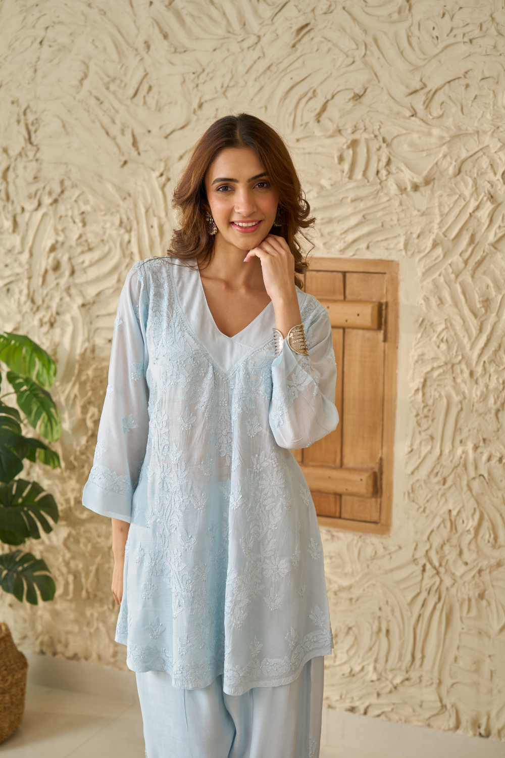 Nisha Muslin Chikankari Short Kurti Set - Blue