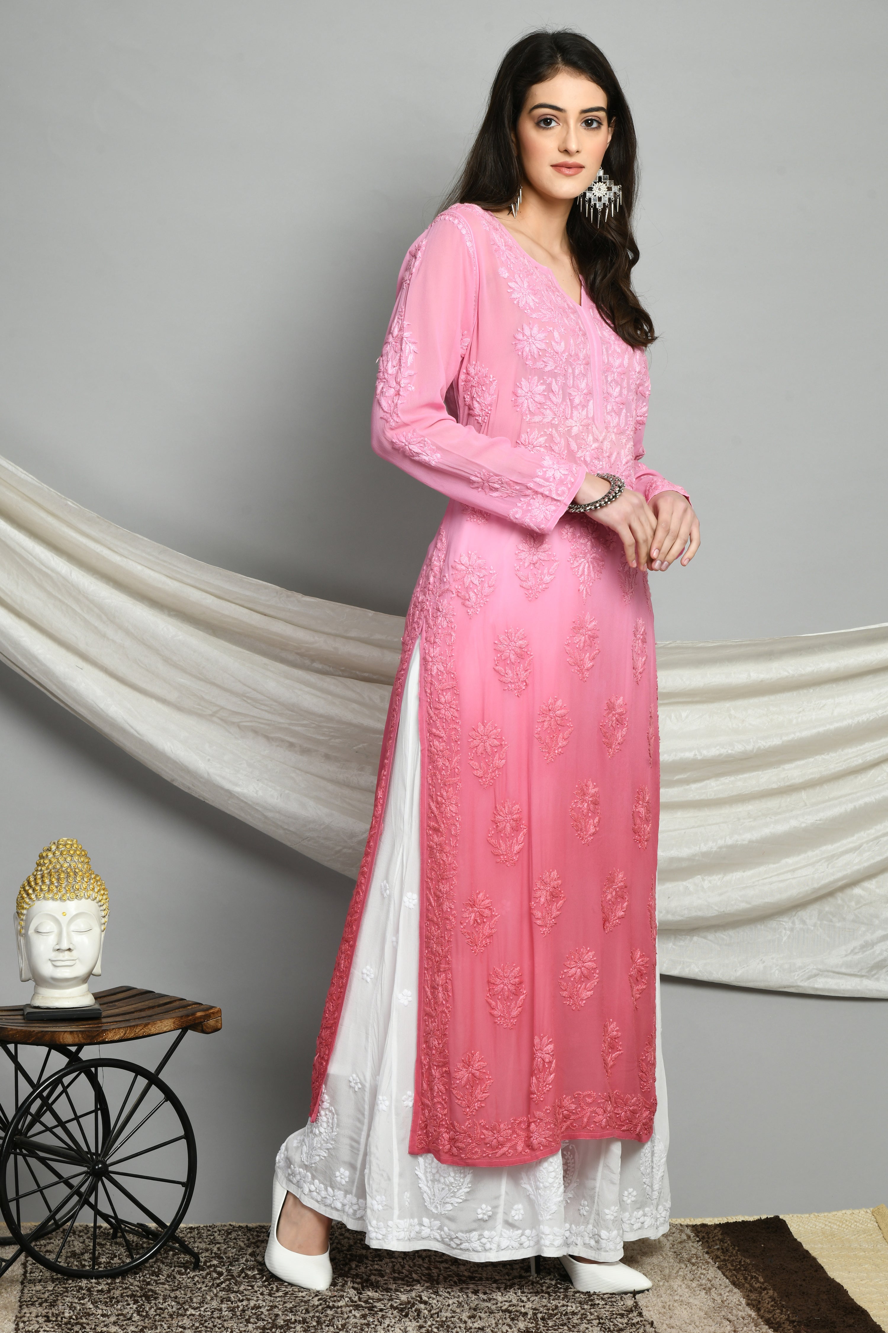 Tahira Viscose Chikankari Kurti - Dark Pink Ombré