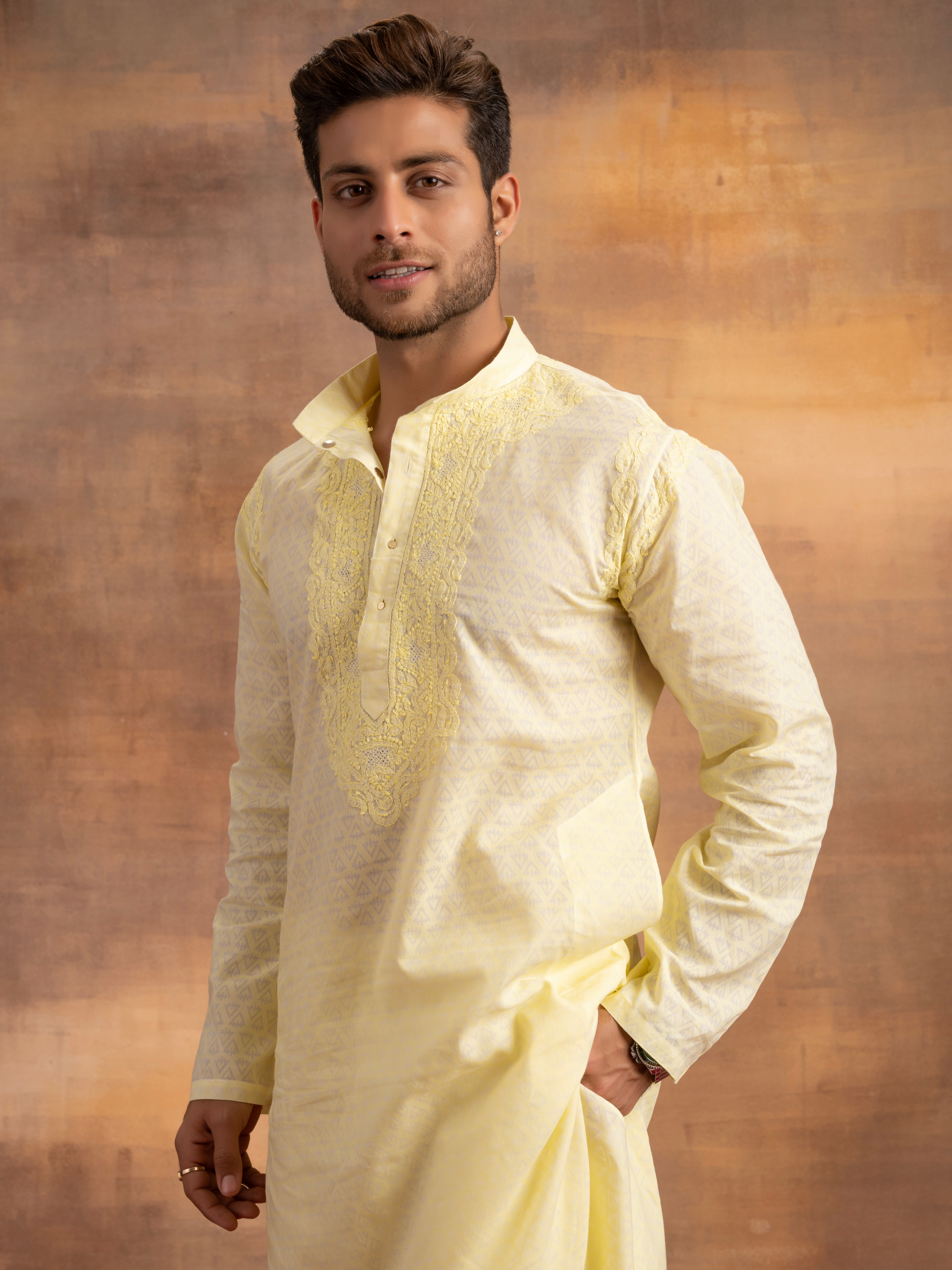 Faraz Straight Men's Kurta Pant Chikankari Set - Lemon