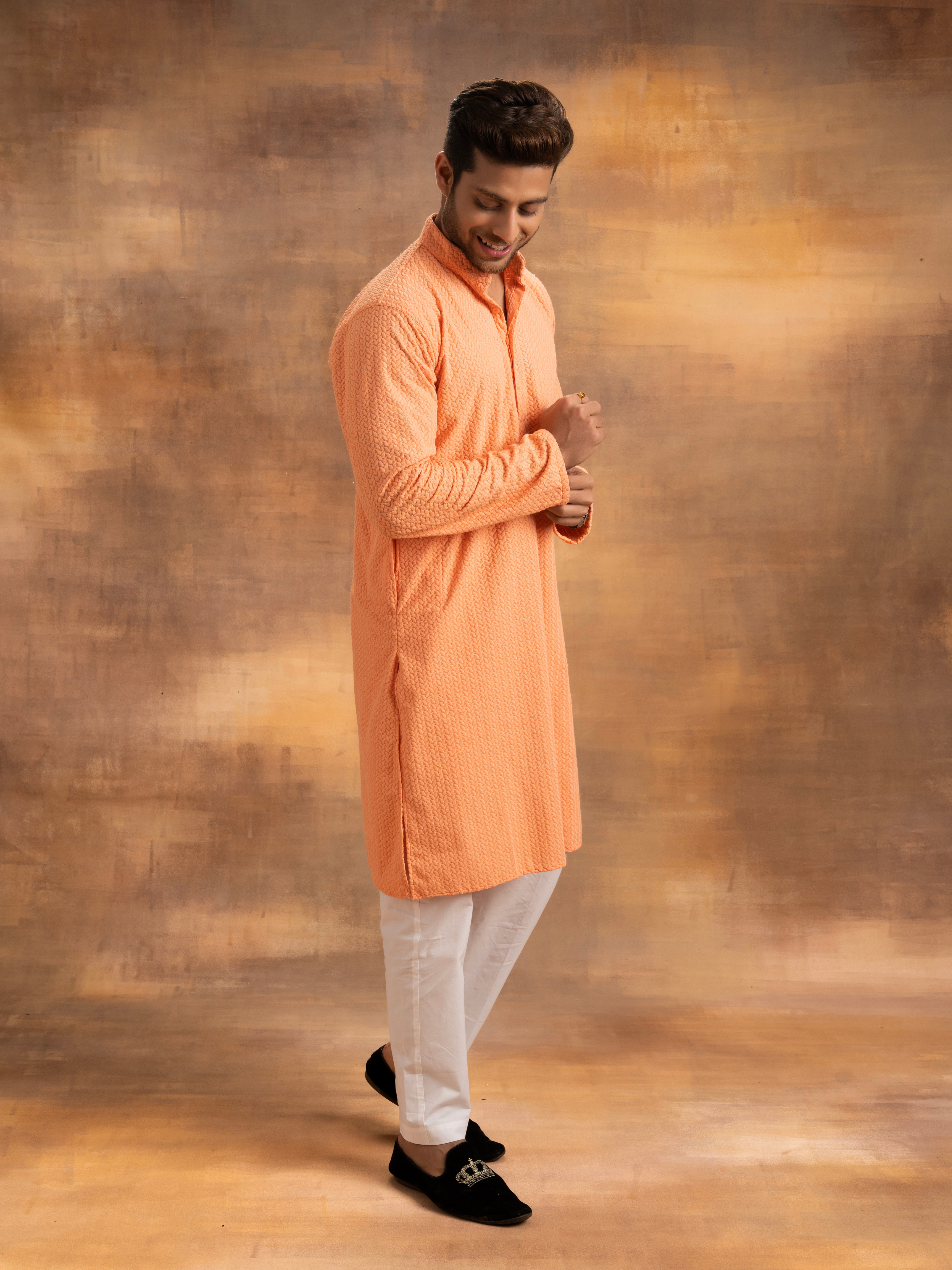 Shaan Straight Men's Chikankari Kurta - Peach