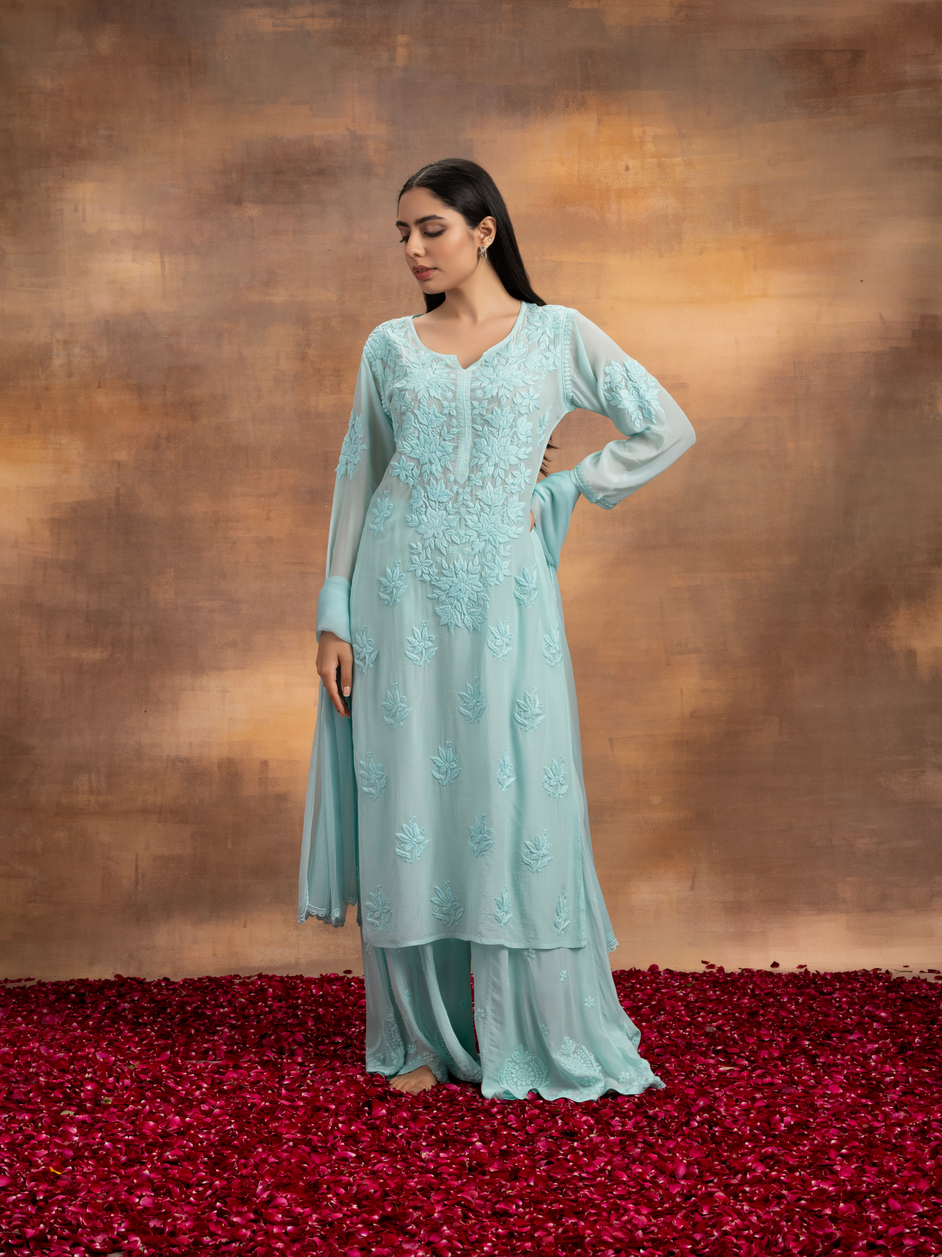 Nisha Straight Kurti Crepe Chikankari Set - Light Blue