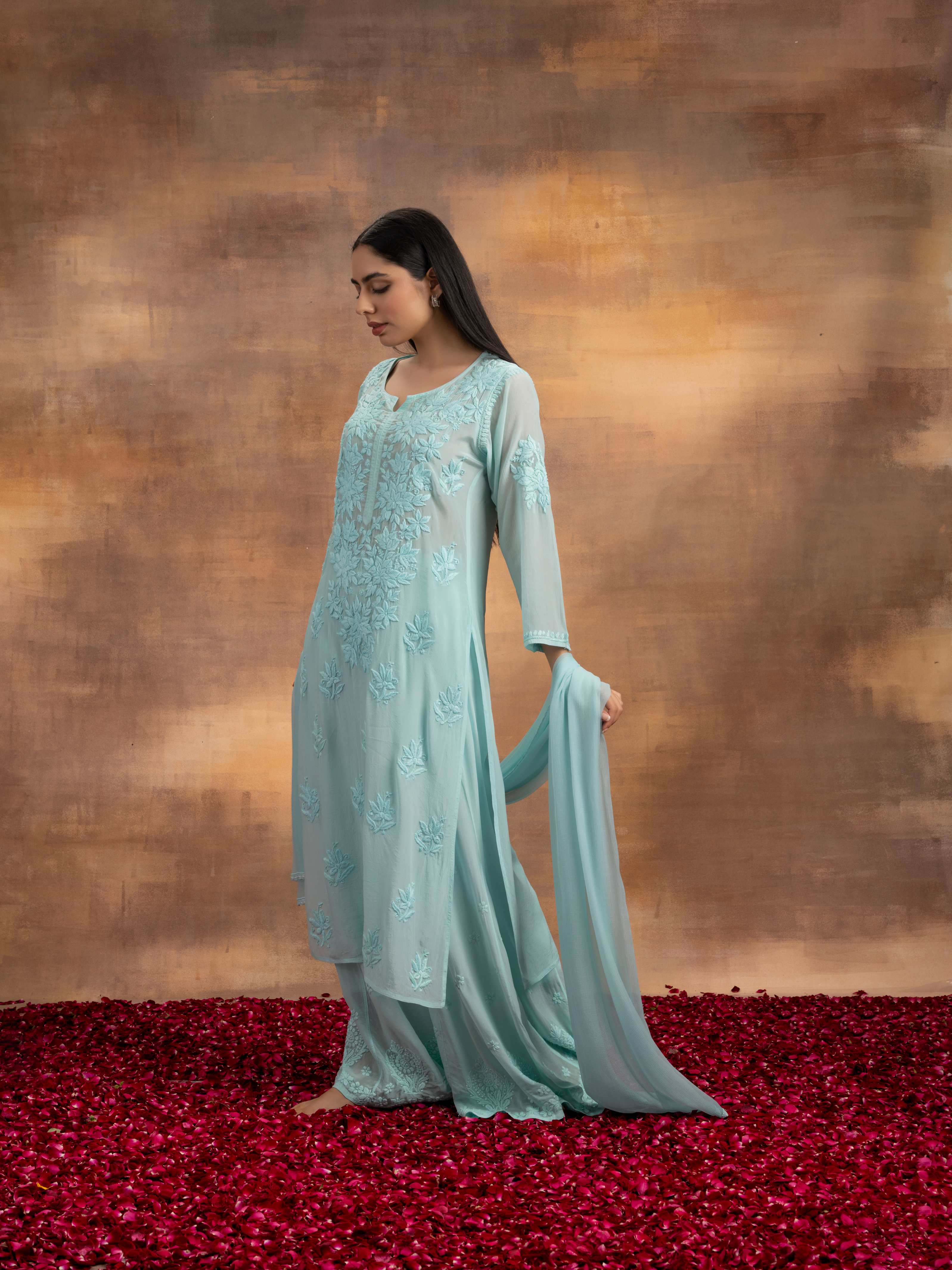 Nisha Straight Kurti Crepe Chikankari Set - Light Blue