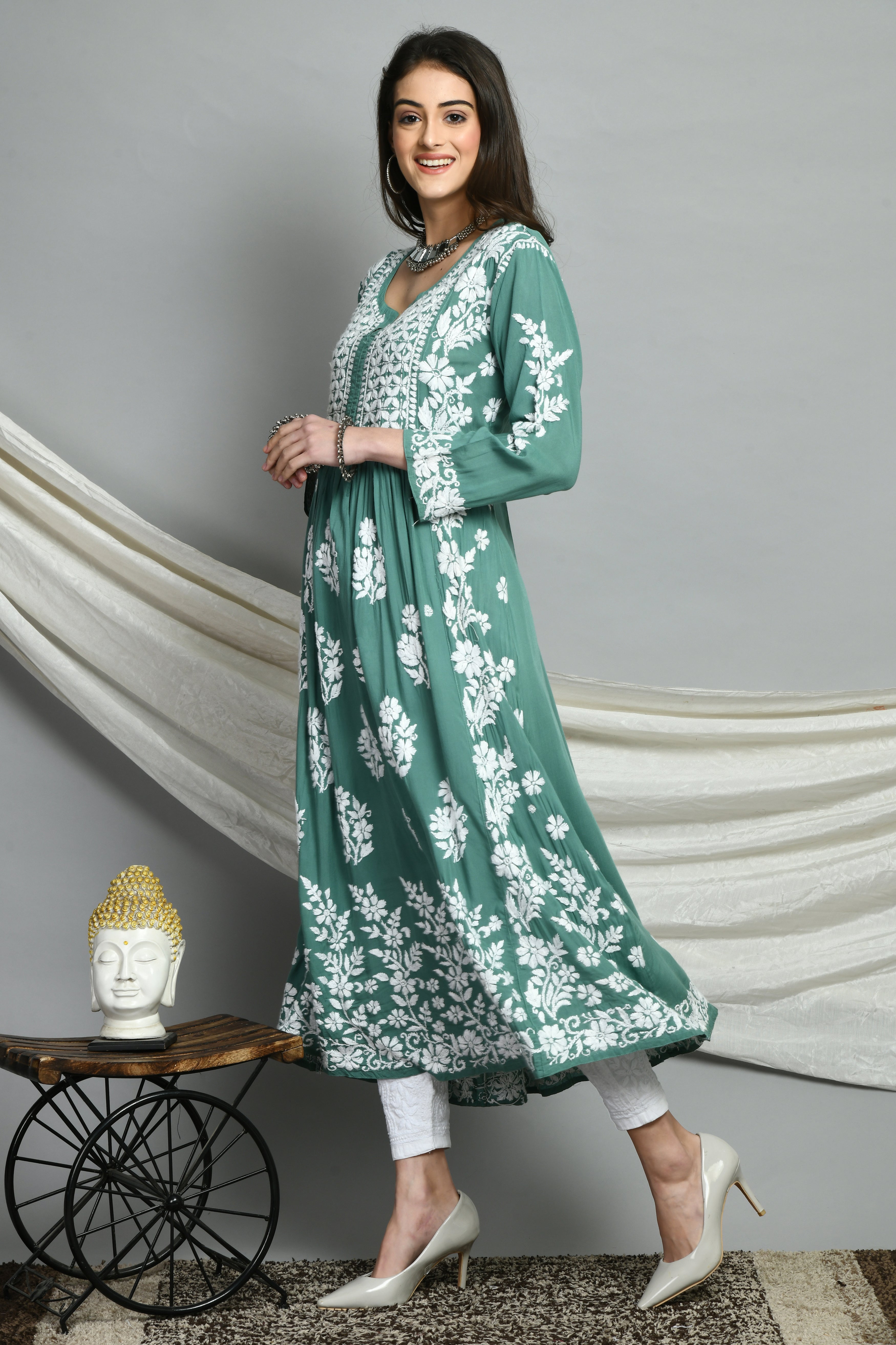 Zoya Modal Cotton A-Line Kurti - Dark Green