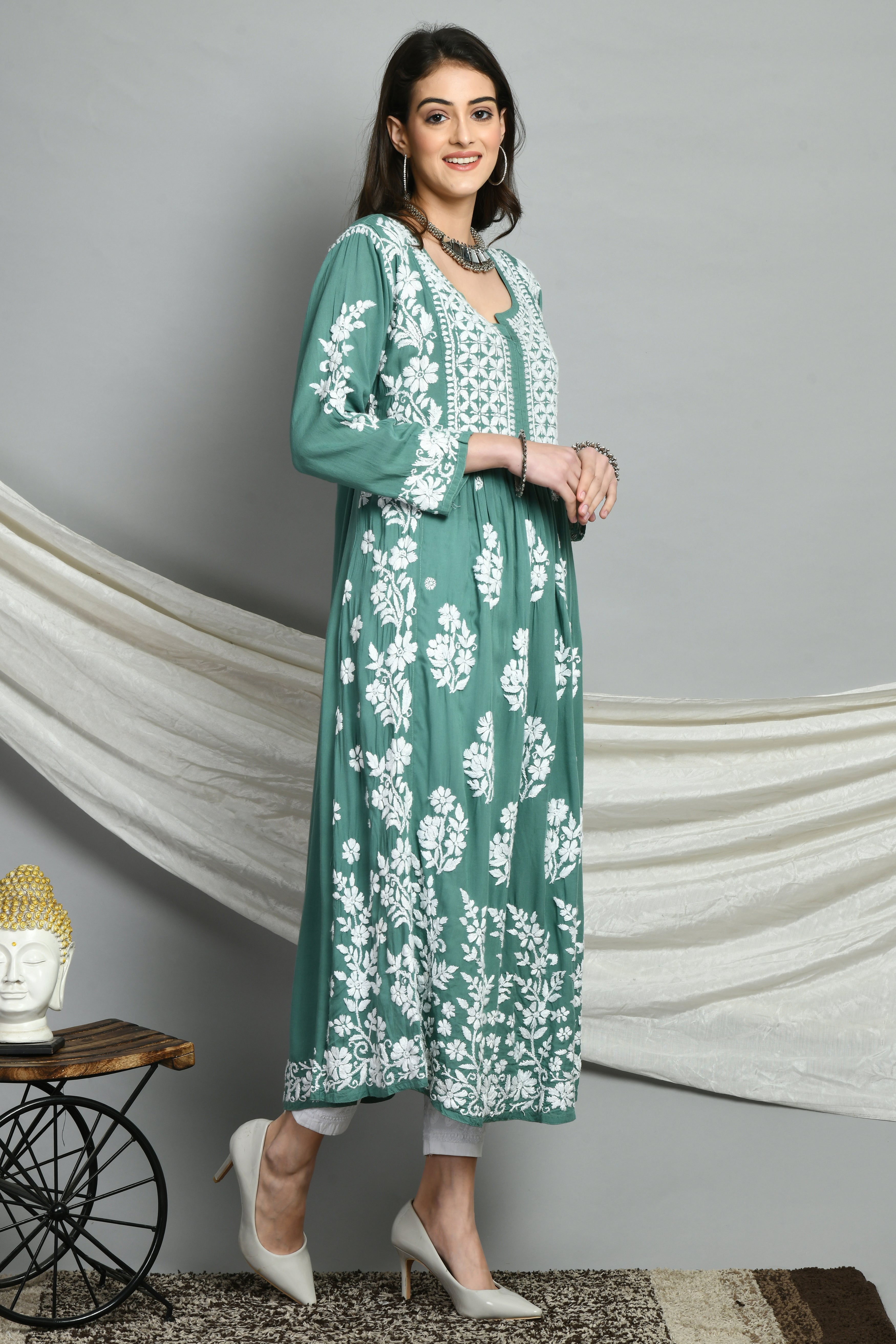 Zoya Modal Cotton A-Line Kurti - Dark Green