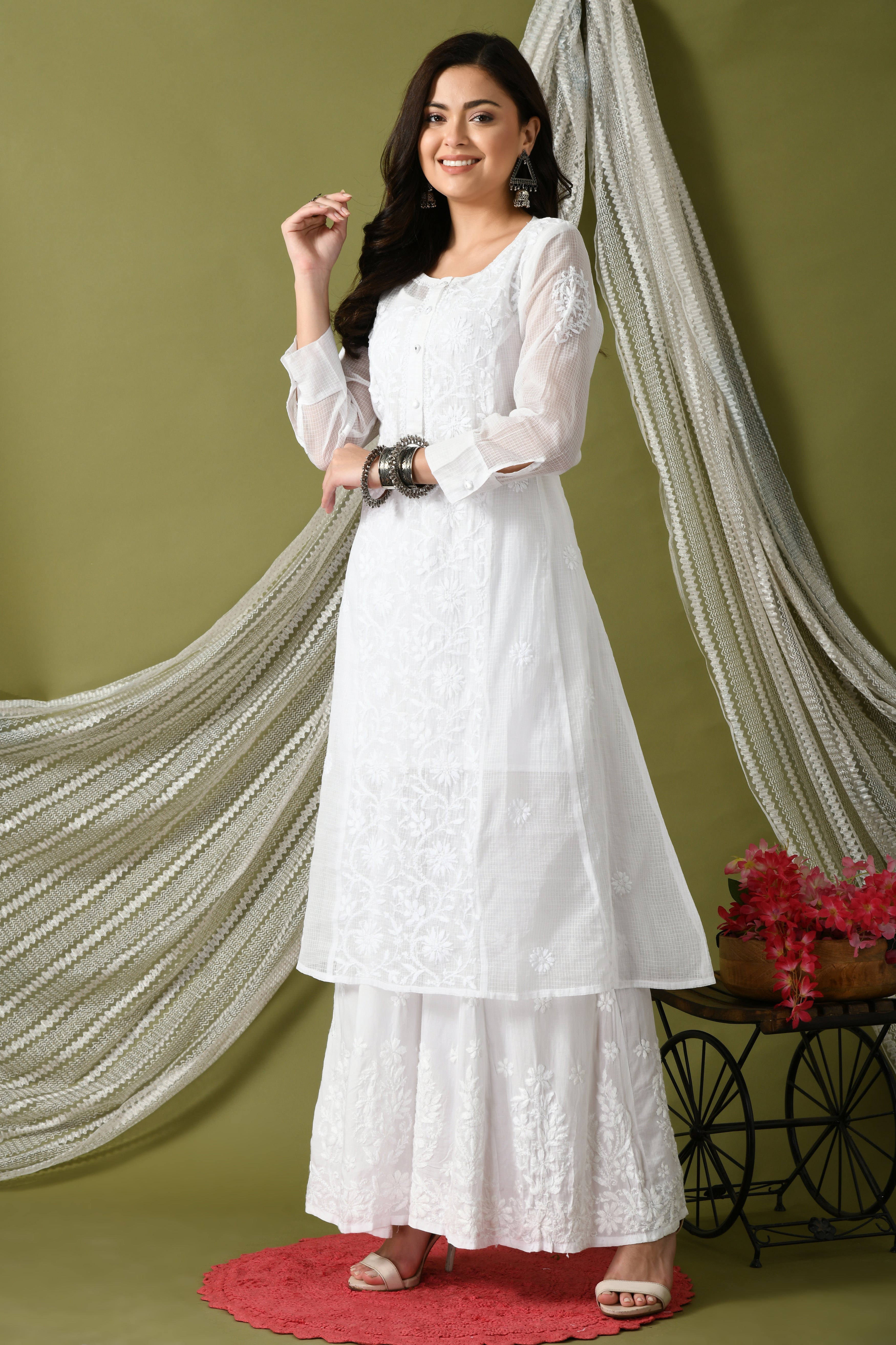 White embroidered cotton chikankari-kurtis - SHADES OF FAASHION - 4133055