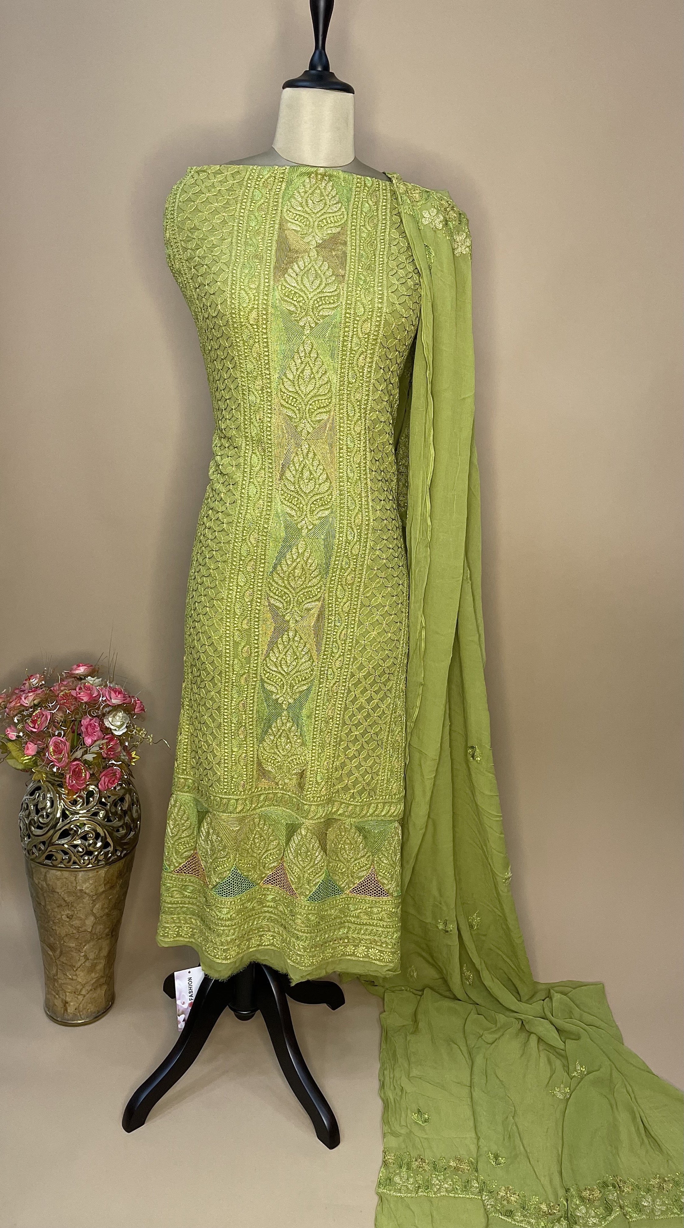 Olive Green Kasab Pure Georgette Unstitched Suit