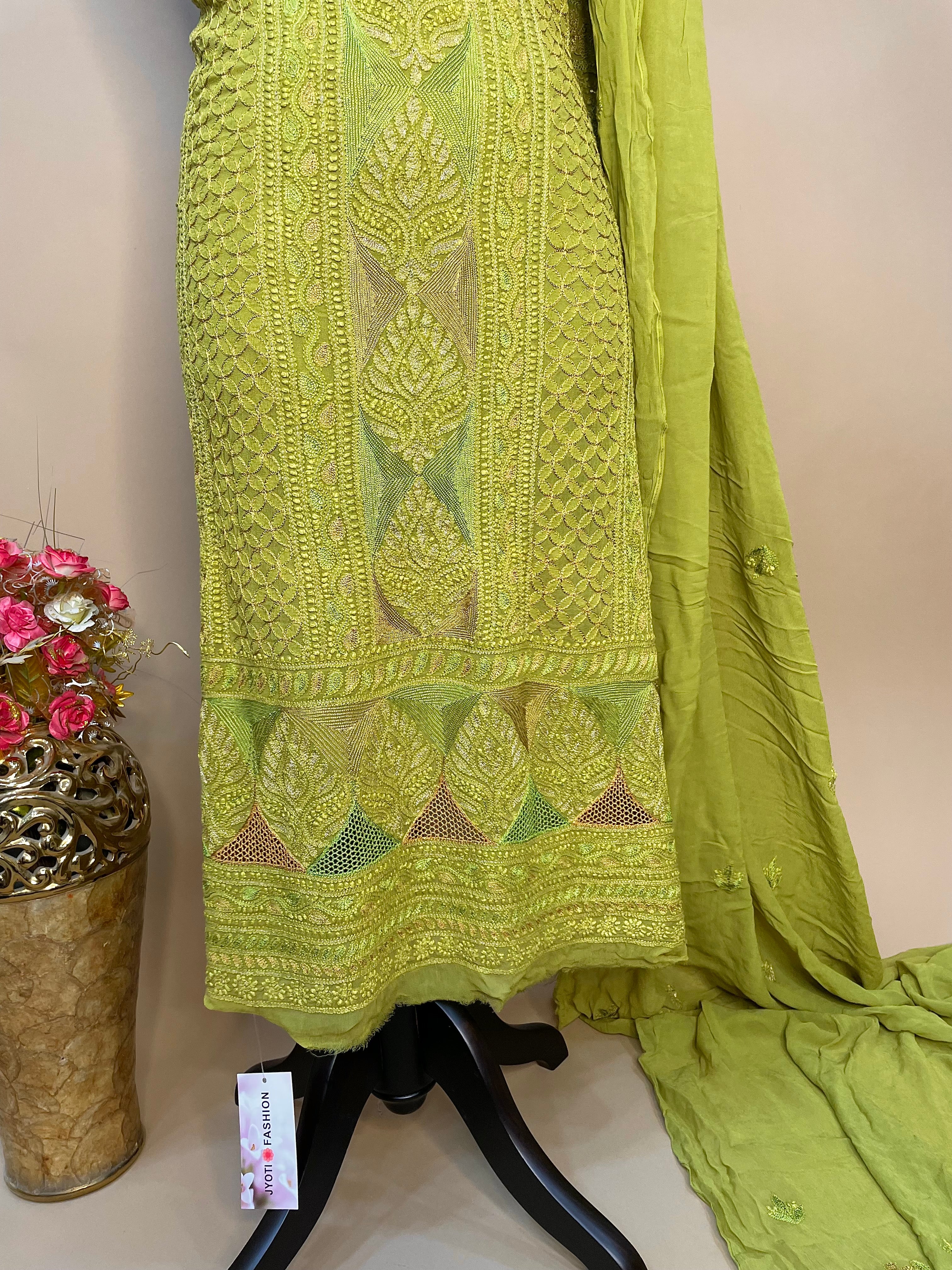 Olive Green Kasab Pure Georgette Unstitched Suit