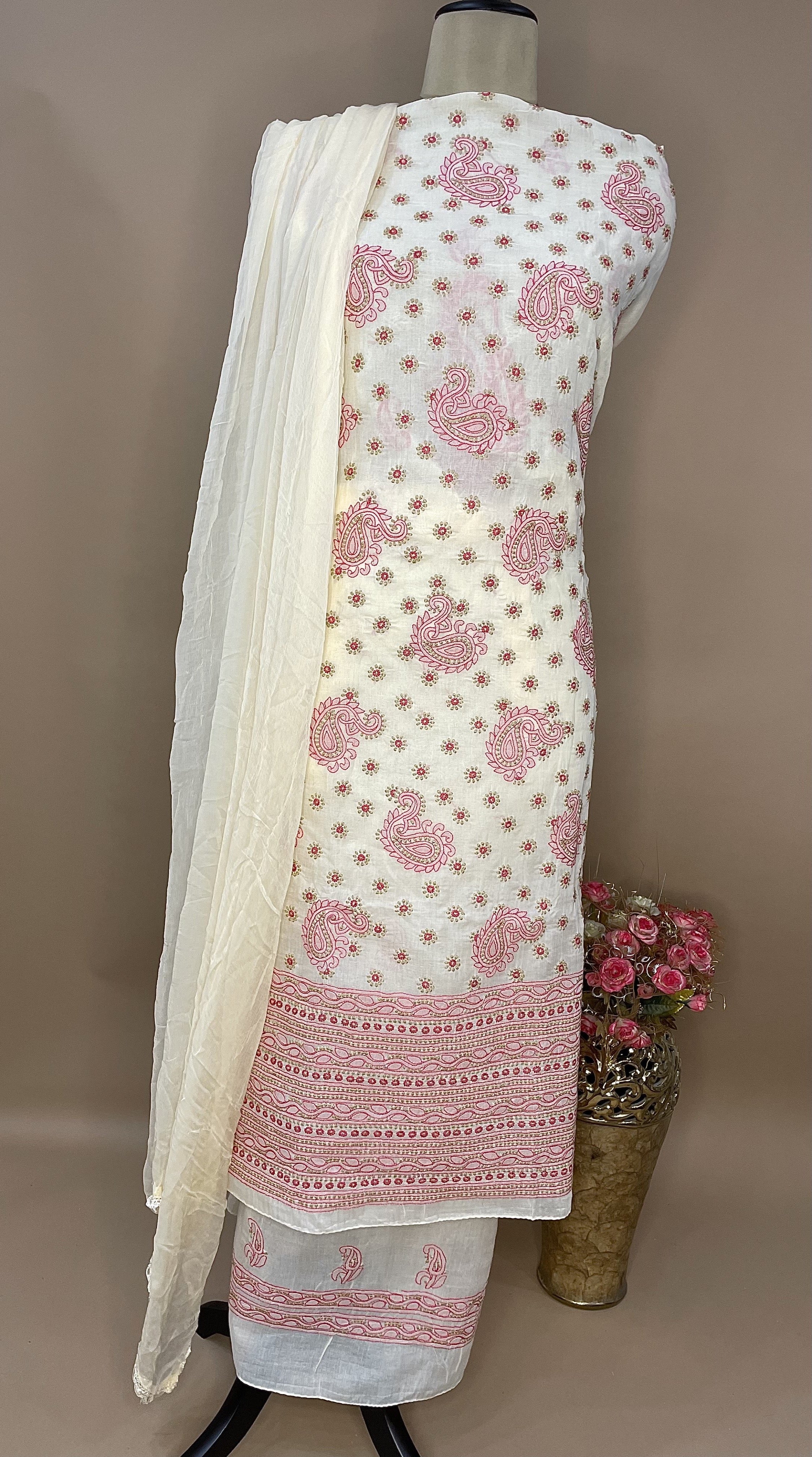 Beige and Red Cotton Voil Unstitched Suit
