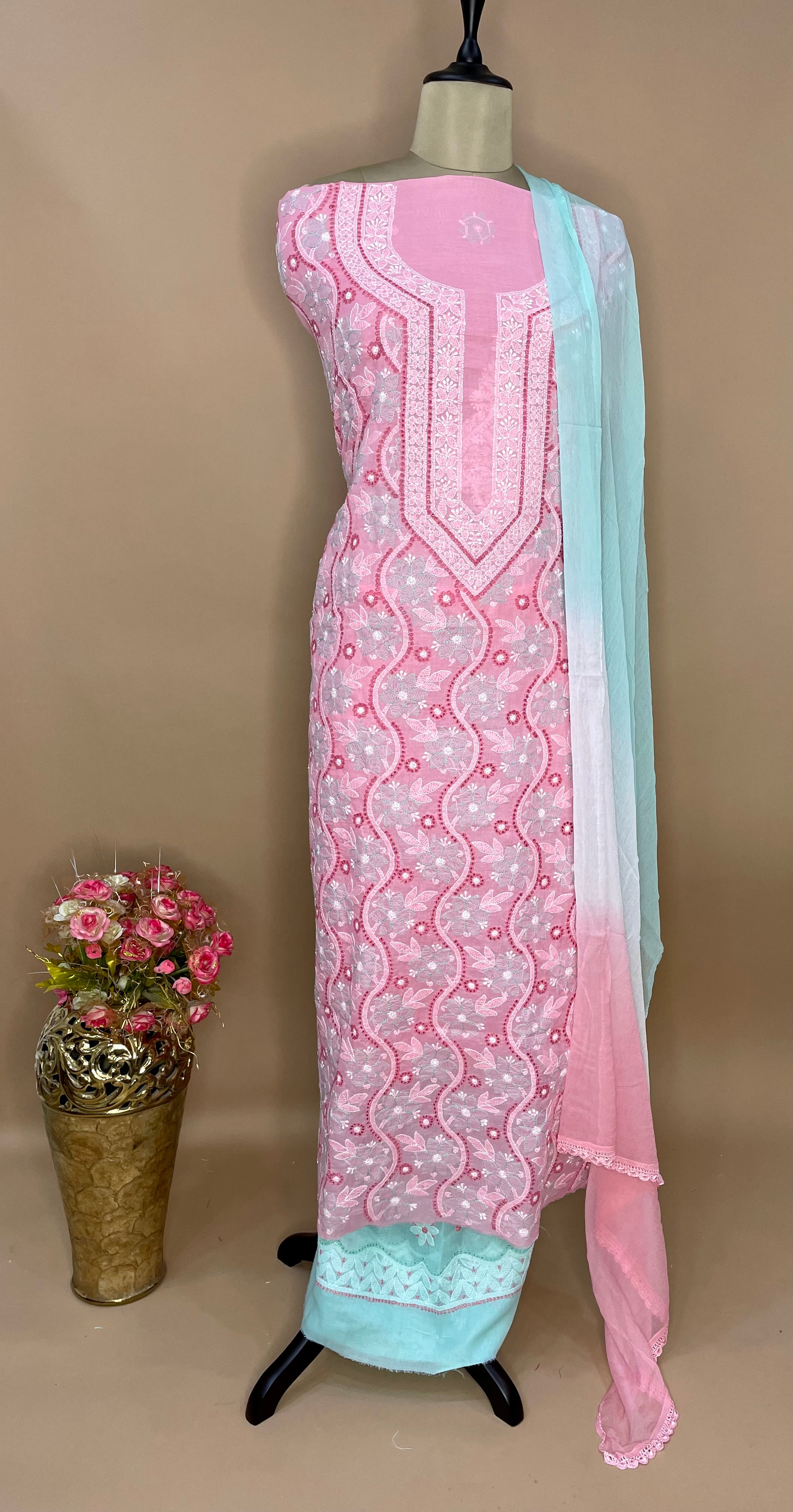 Pink and Sea Green Cotton Voil Unstitched Suit