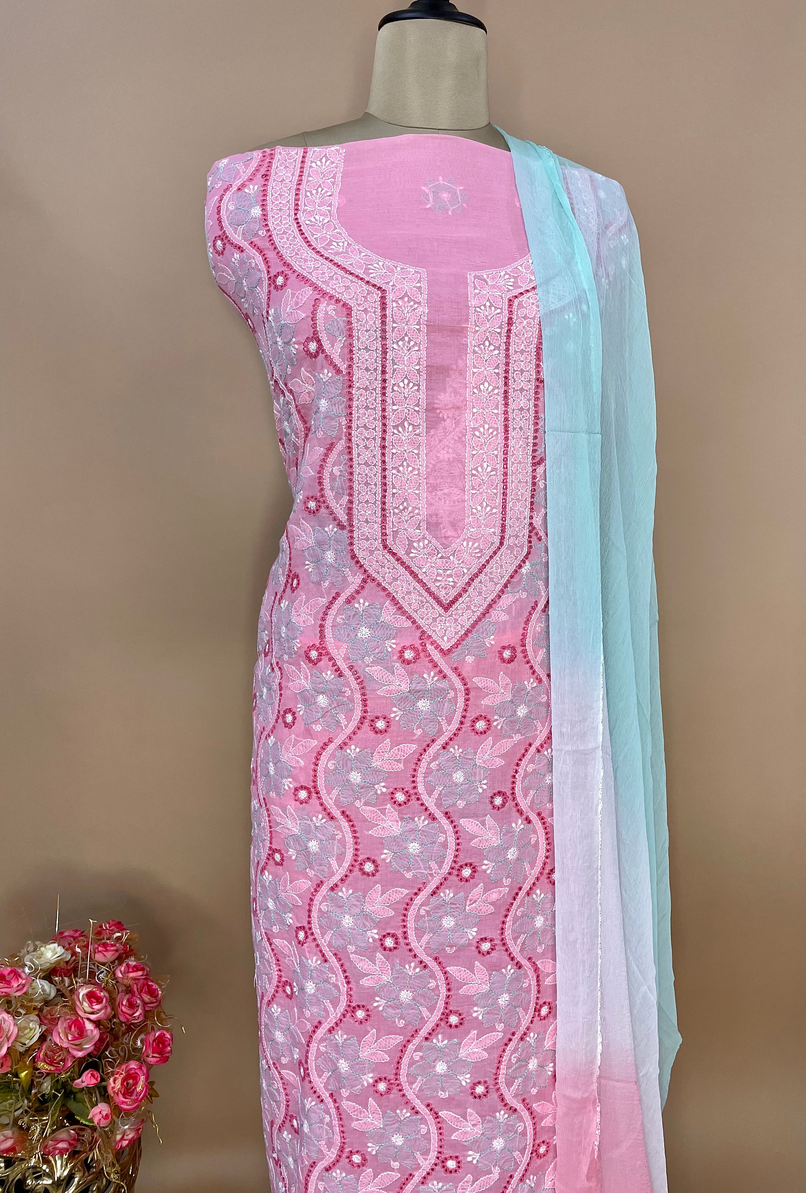 Pink and Sea Green Cotton Voil Unstitched Suit