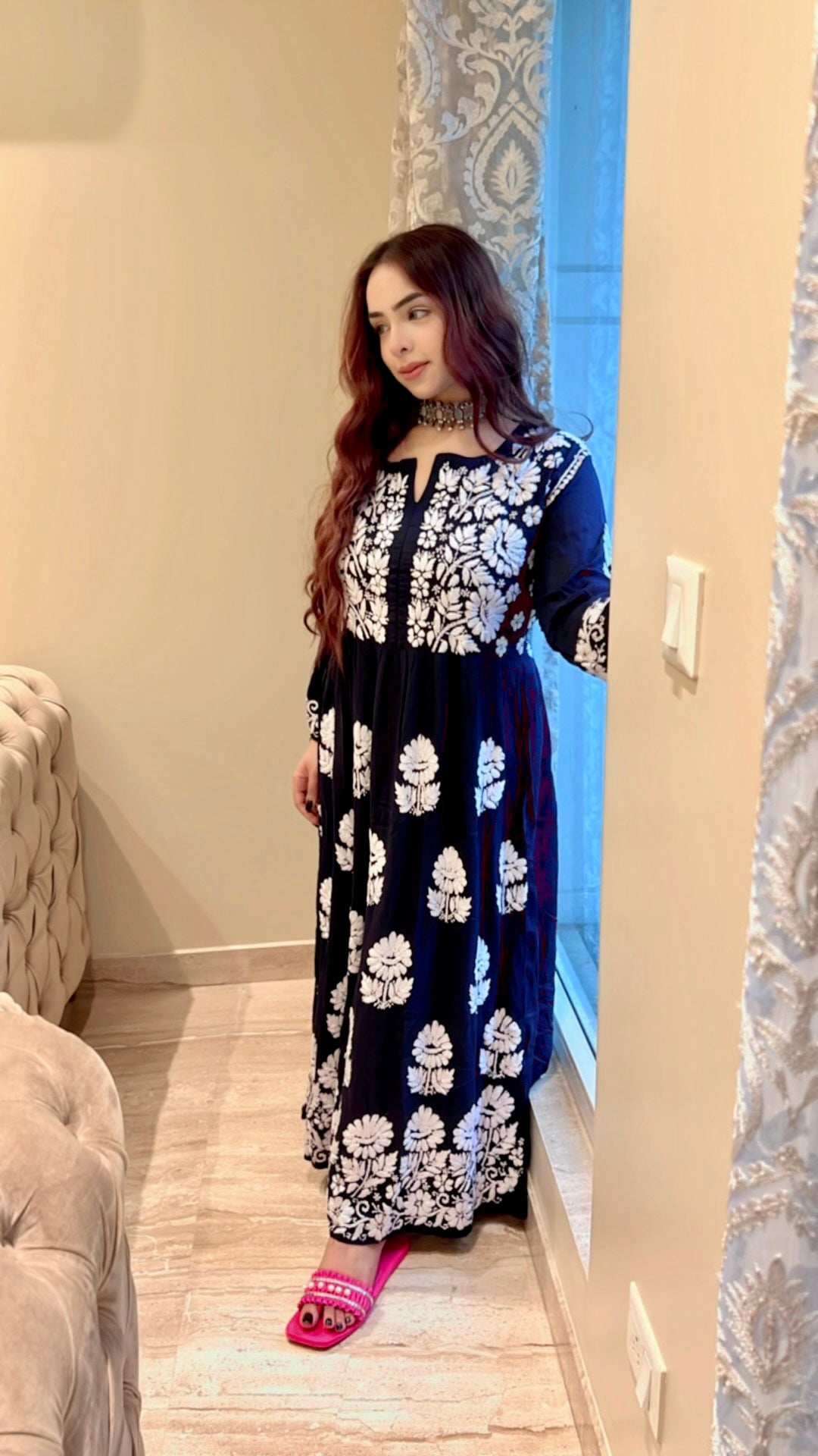 Zahra Modal Cotton Anarkali - Navy Blue