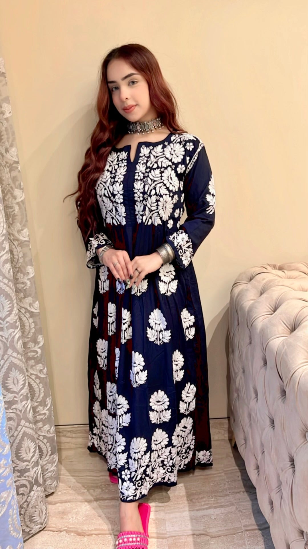 Zahra Modal Cotton Anarkali - Navy Blue