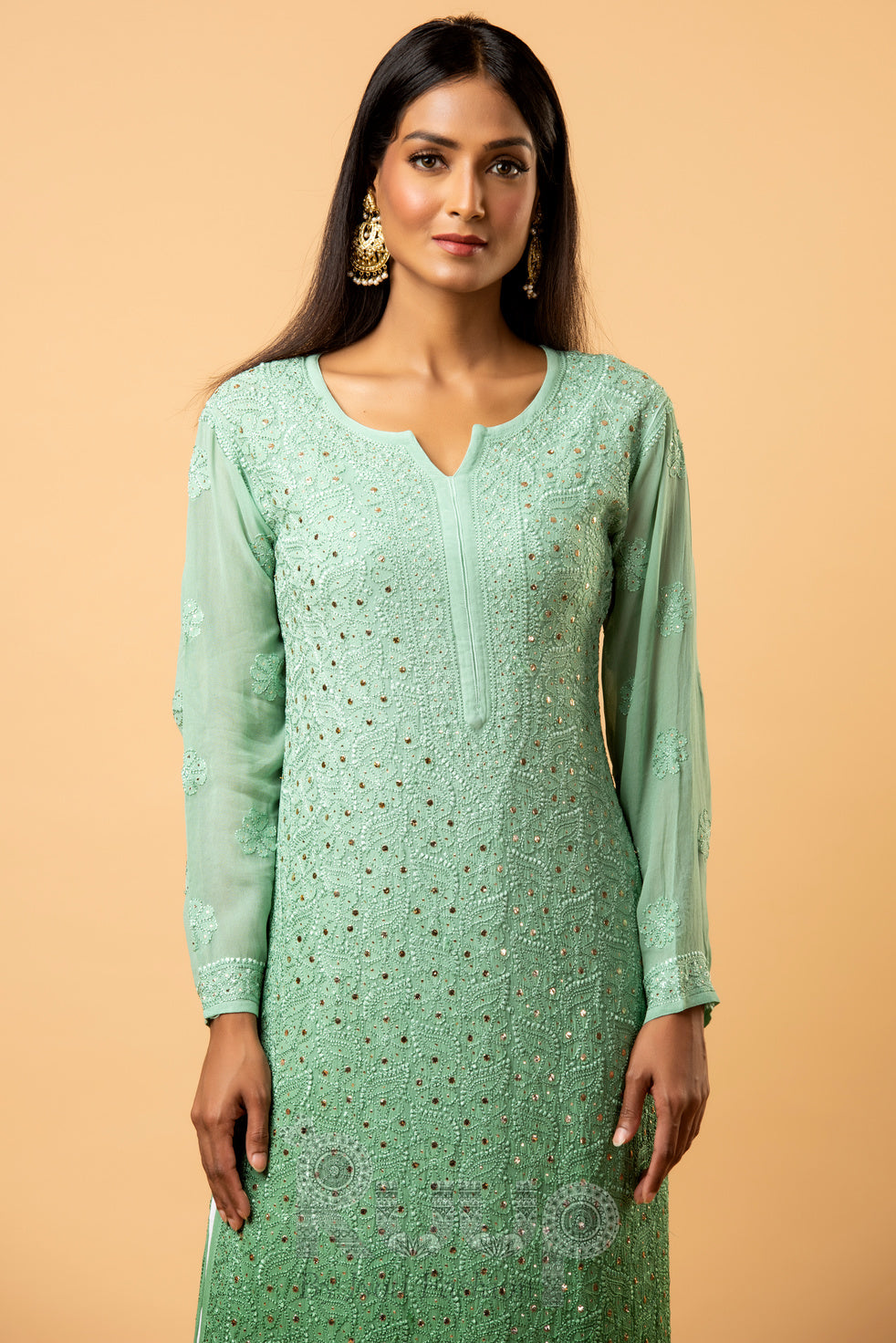 Ira Viscose Mokaish Straight Chikankari Kurti - Dark Green Ombré