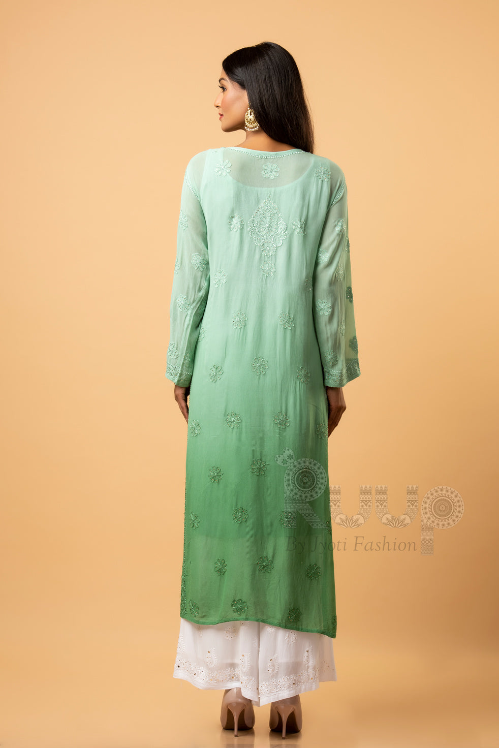 Ira Viscose Mokaish Straight Chikankari Kurti - Dark Green Ombré