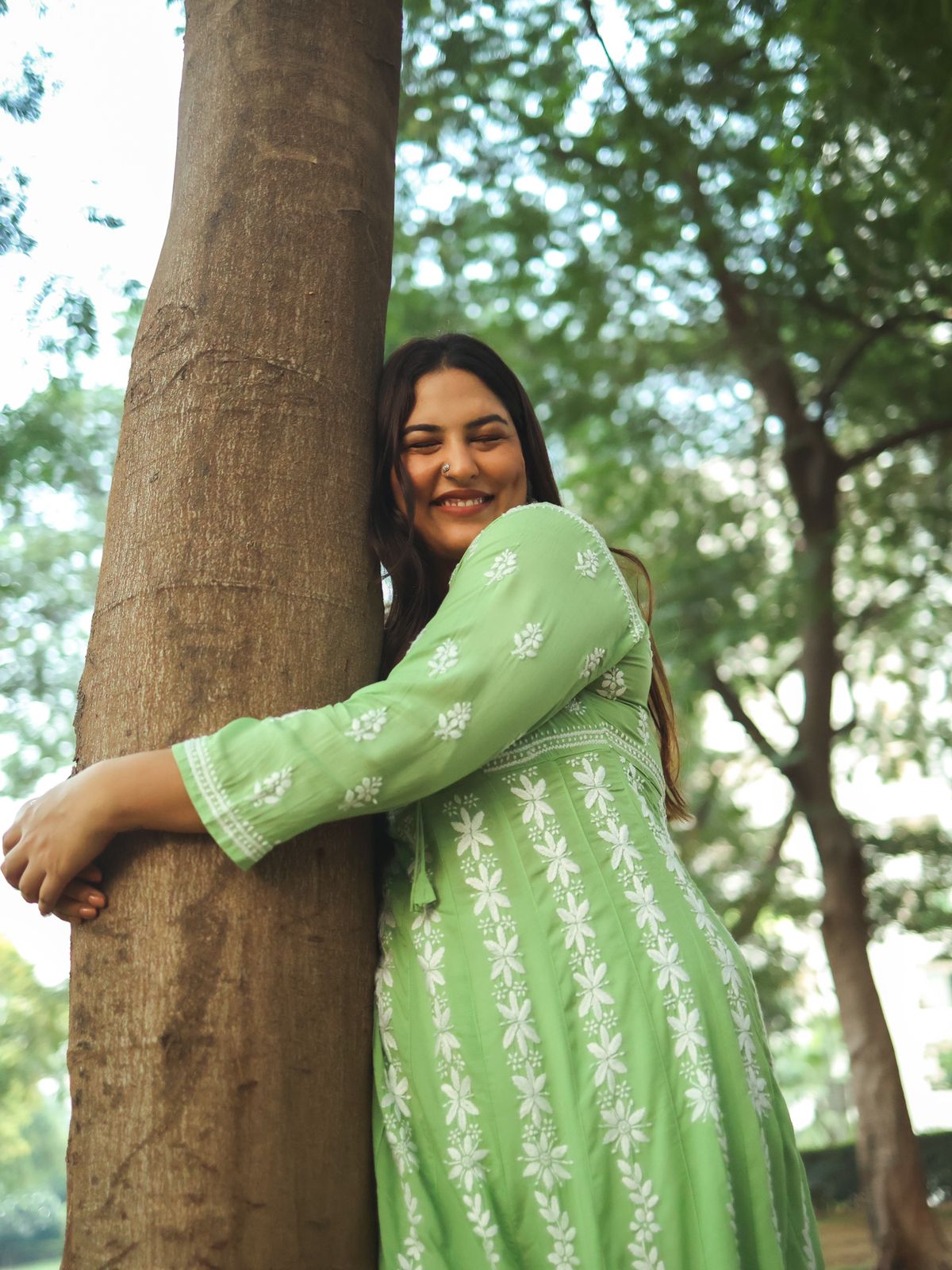 Lisa Modal Cotton Chikankari Angrakha - Green