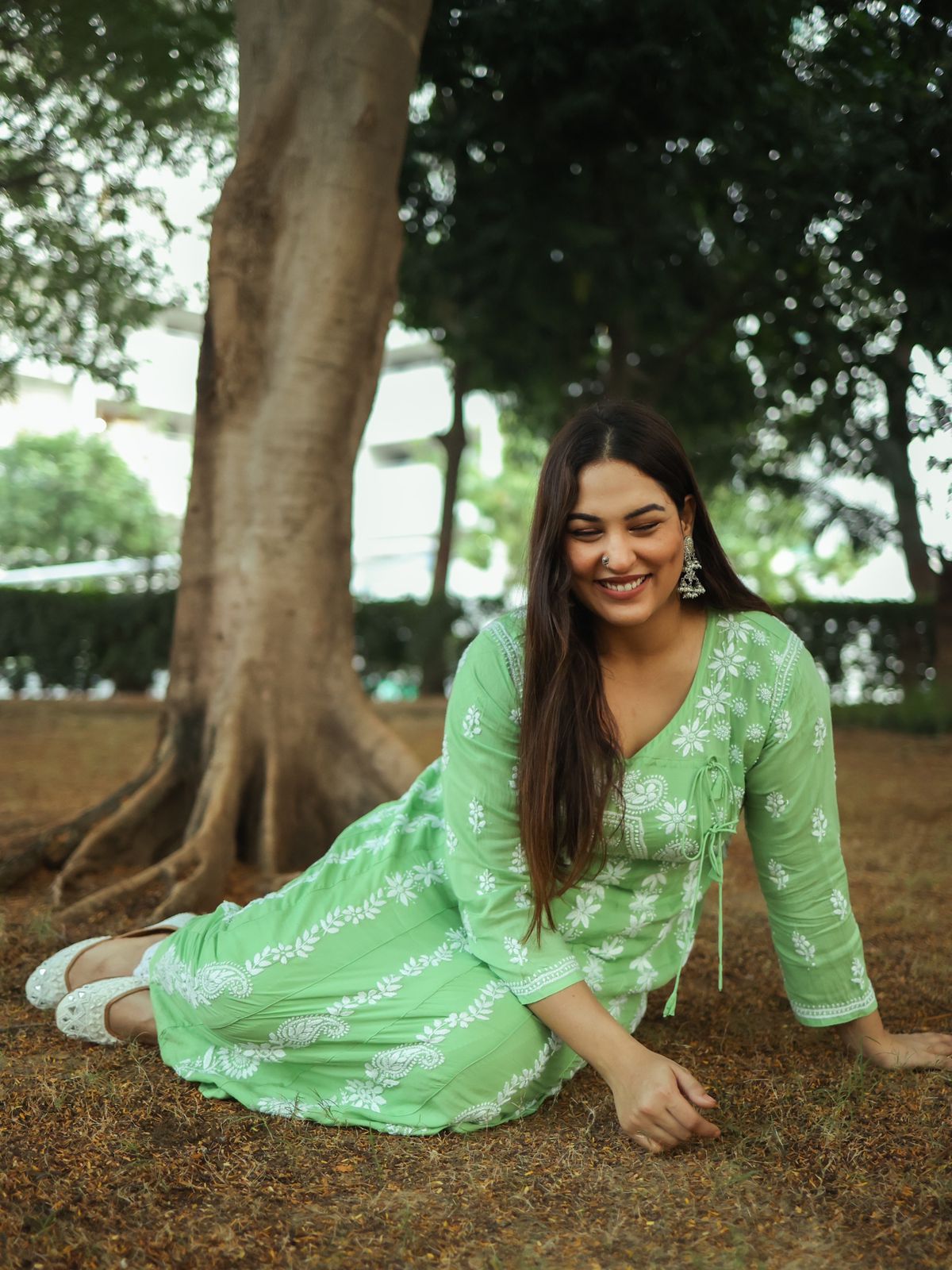 Lisa Modal Cotton Chikankari Angrakha - Green