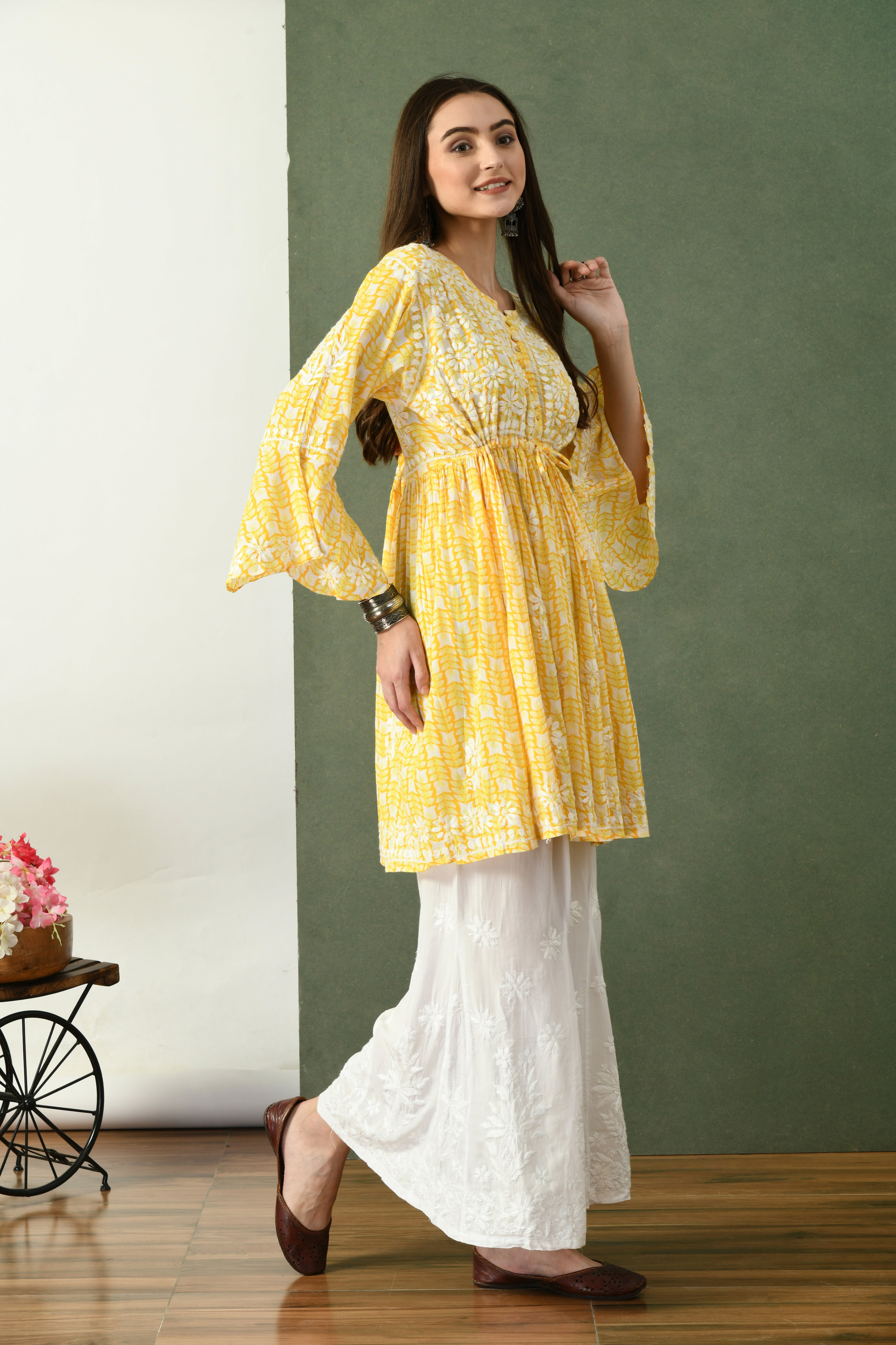 Sadia Yellow Mul Cotton Printed Short Anarkali