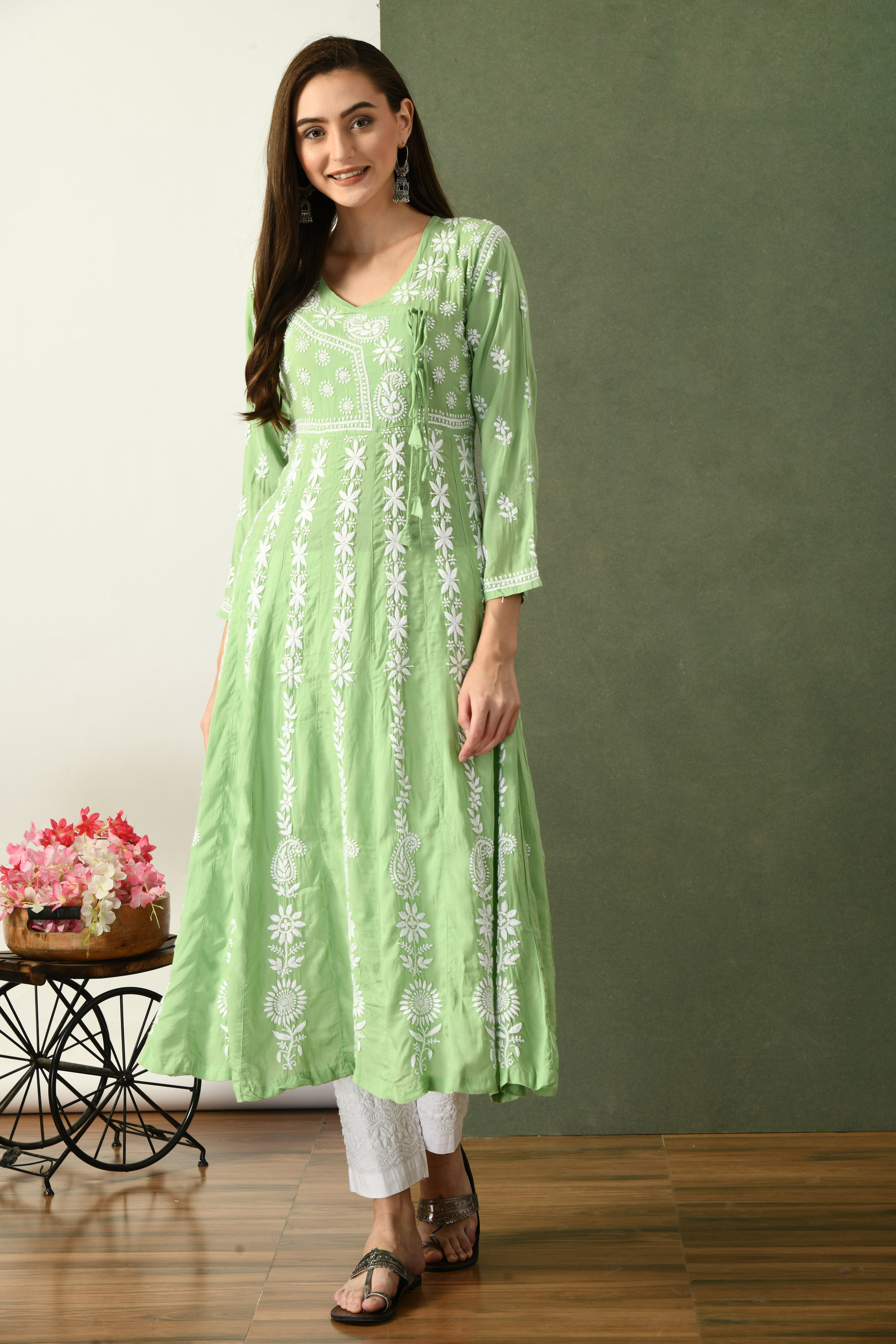 Lisa Modal Cotton Chikankari Angrakha - Green